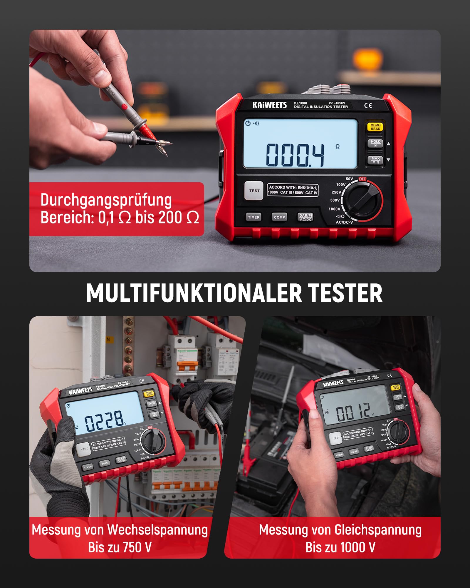 KAIWEETS Isolationsmessgerät, Isolationswiderstandsmessgerät, bis zu 100 GΩ, 50 V/100 V/250 V/500 V/1000 V, One-Touch-DAR/PI, mit AC/DC-Spannungsprüfung für Motoren, Solar, HLK