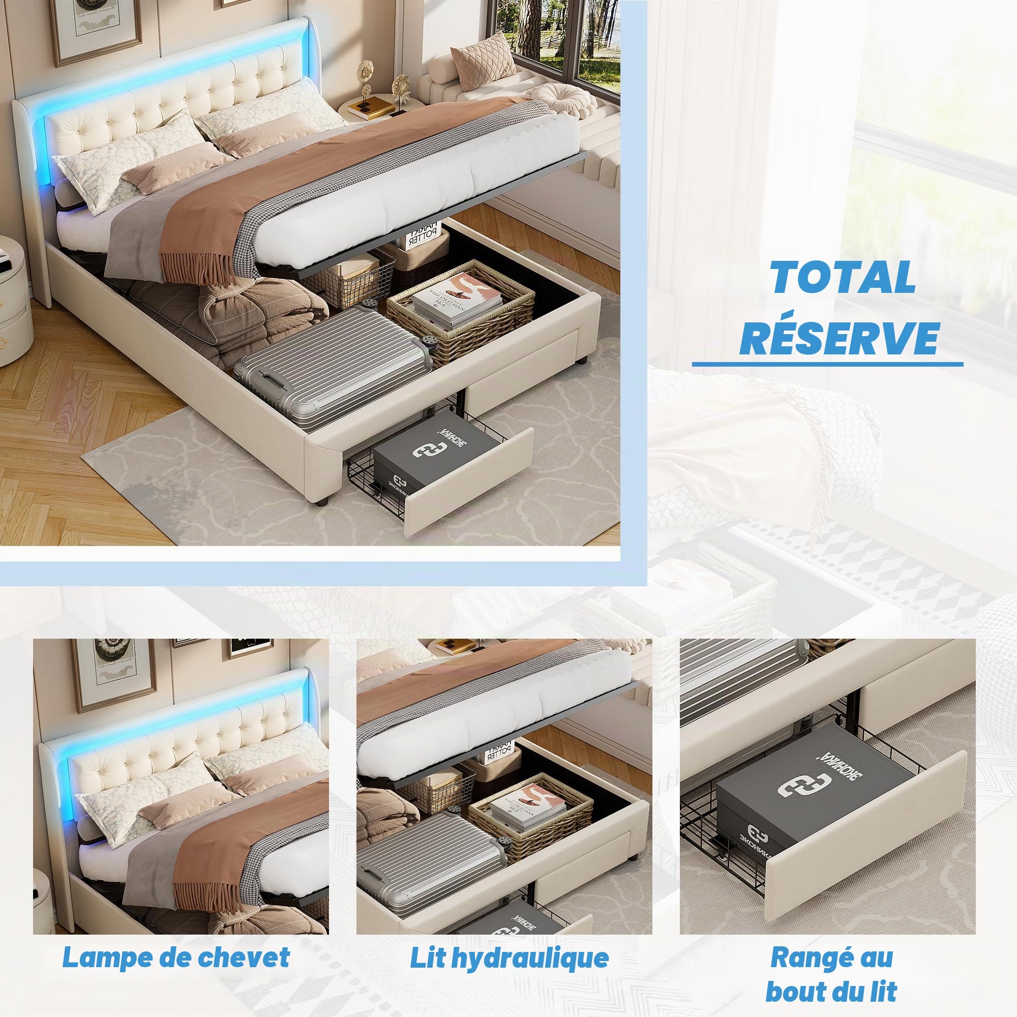 DULRLLY Lit Coffre 180x200 avec Éclairage LED et Rangement, Lit 2 Places avec 2 Tiroirs Rangement, Cadre de Lits avec Sommier à Lattes pour Adults et Ado, Sommier à Lattes, sans Matelas