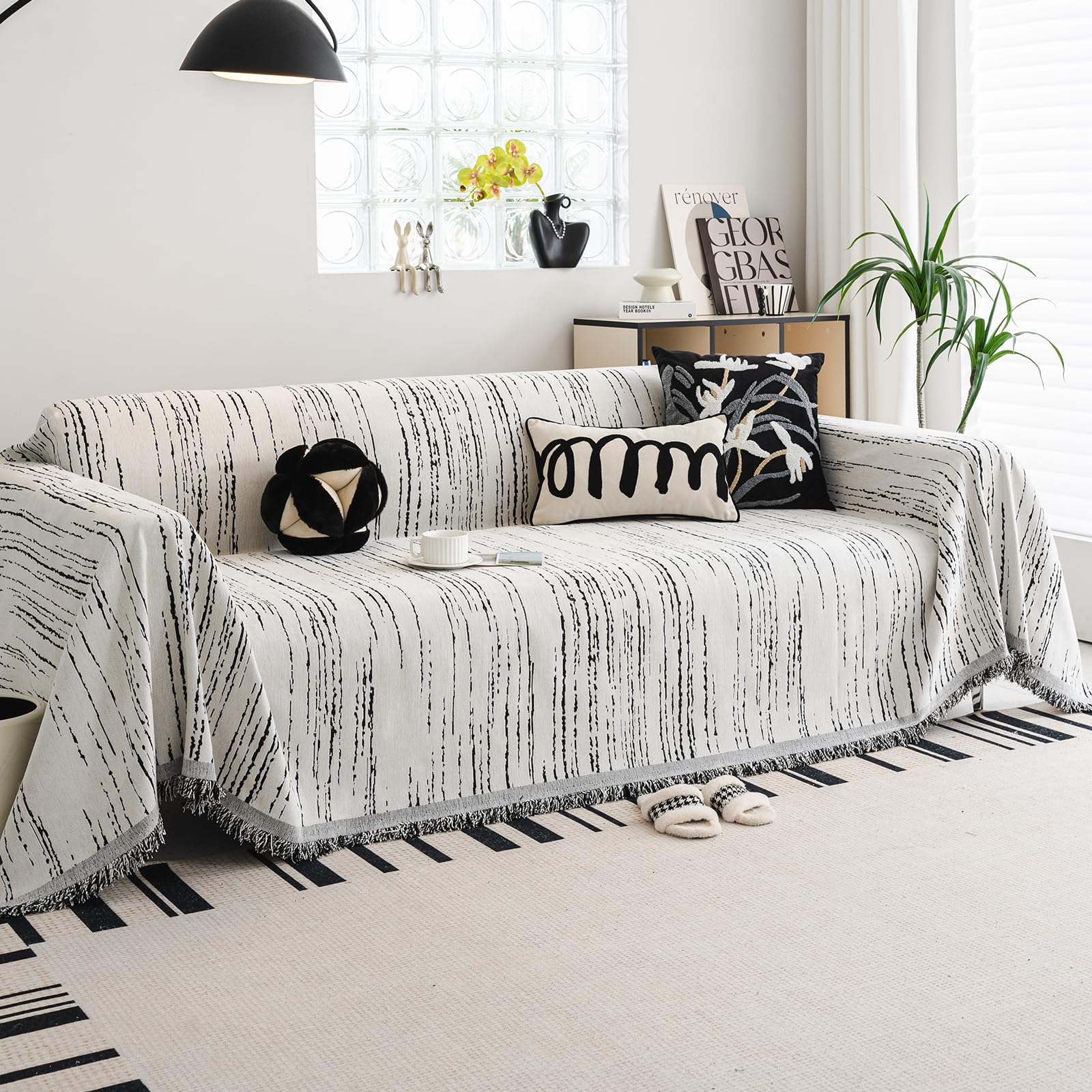 WEYOND Chenille Sofa Überzug waschbar Sofa Cover mit Quasten, haustierfreundliche Sofabezug & Couch Überwurf & Sofahussen für Sektionalsofa, Loveseat, 2/3/4-Sitzer (180 x 380 cm, Weiß)