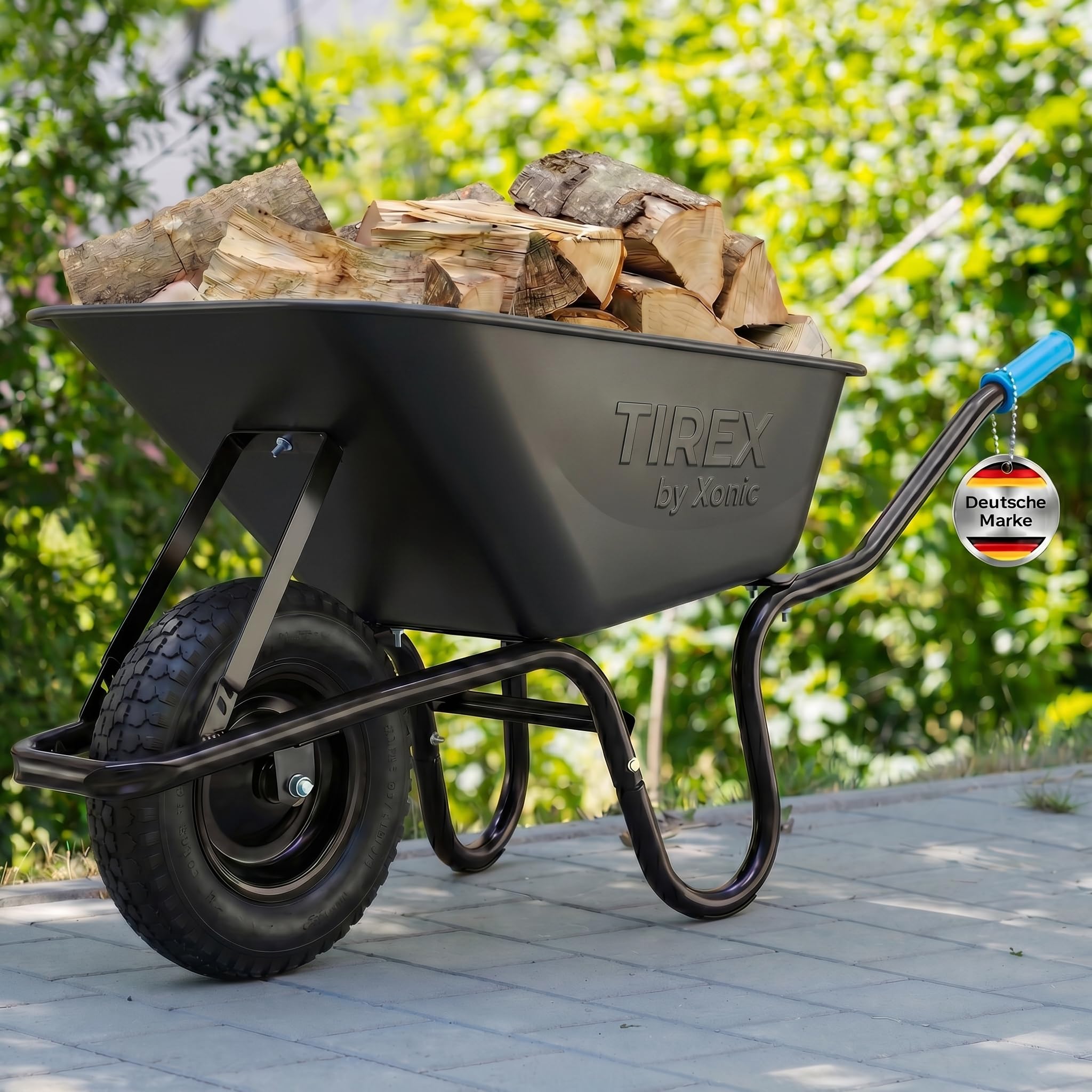 TIREX by xonic® Schubkarre mit Stahlfelge – Verzinkte Wanne bis 250kg/ 100l - Robuste Ausführung für Garten und BAU – Schieb-Karre mit Luftrad (Luftrad Black)