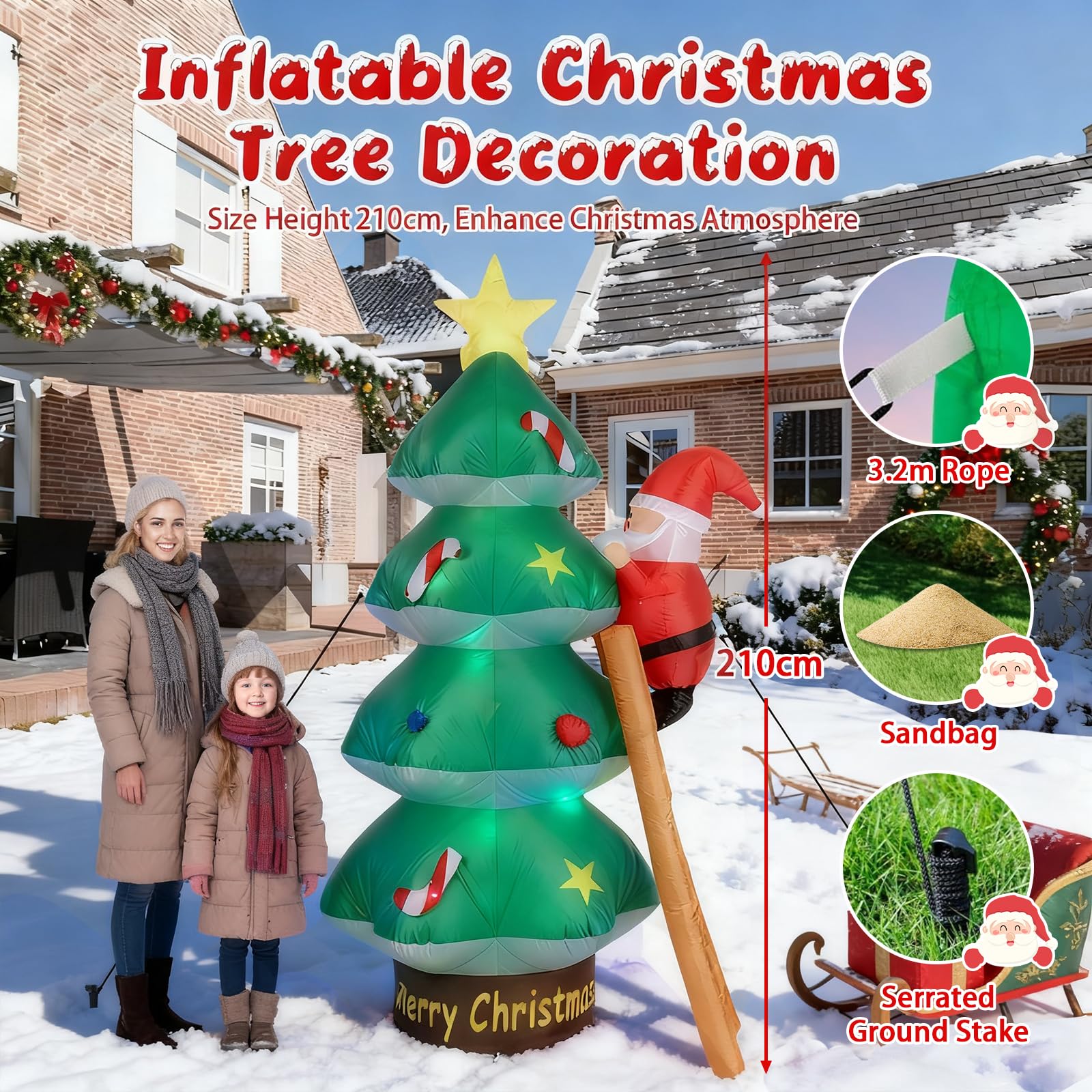 Sapin de Noël Gonflable, 210CM Decoration Noel Exterieur Gonflable avec Lumières LED, Sapin Gonflable Decoration avec Père Noël et échelle pour Jardin, Pelouse, Terrasse, Fête