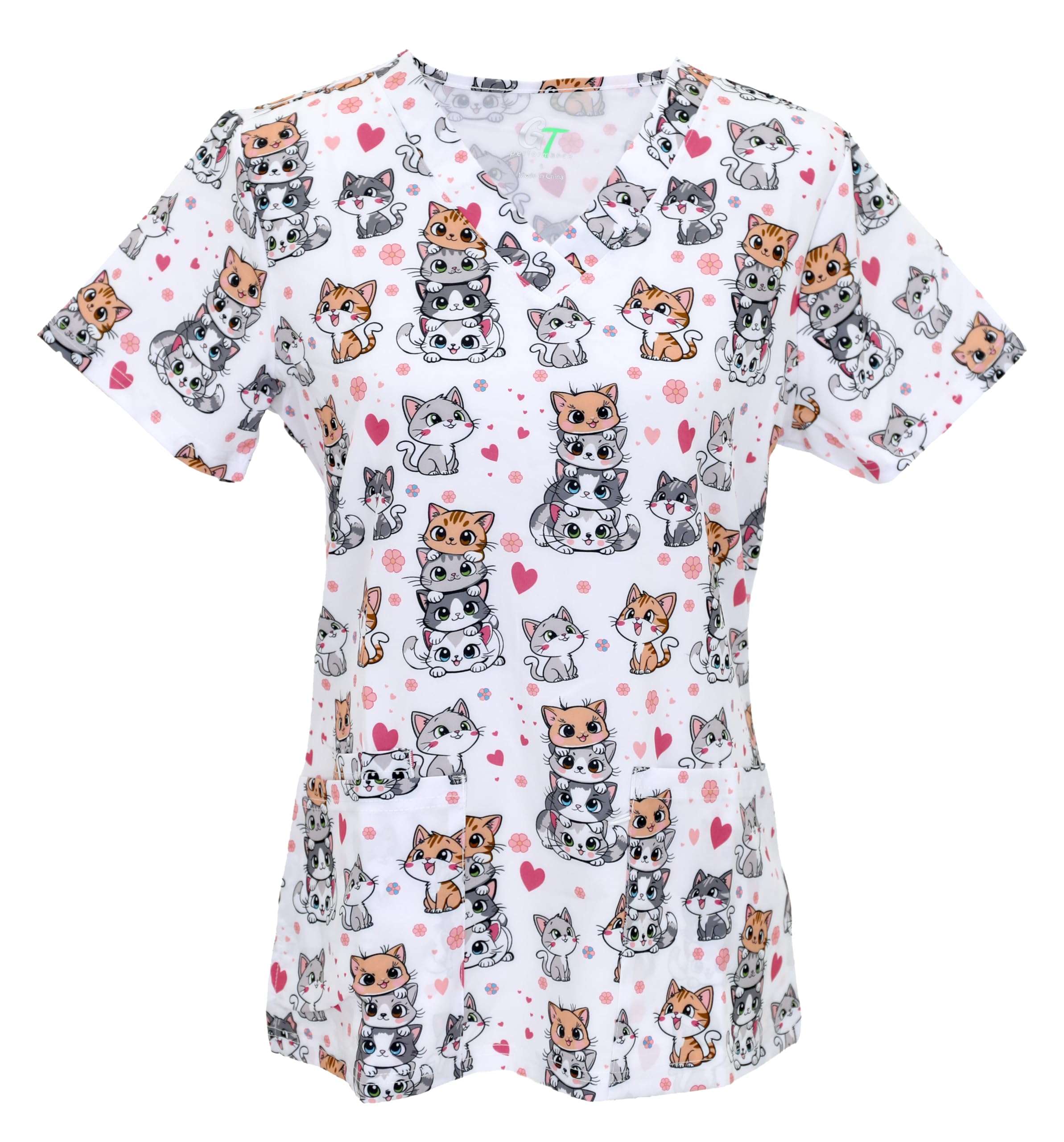 Green Town Performance V-Neck Medical Top Scrubs for Women - Fun Prints, 4 Way Stretch, Moisture Wicking, Quick Dry