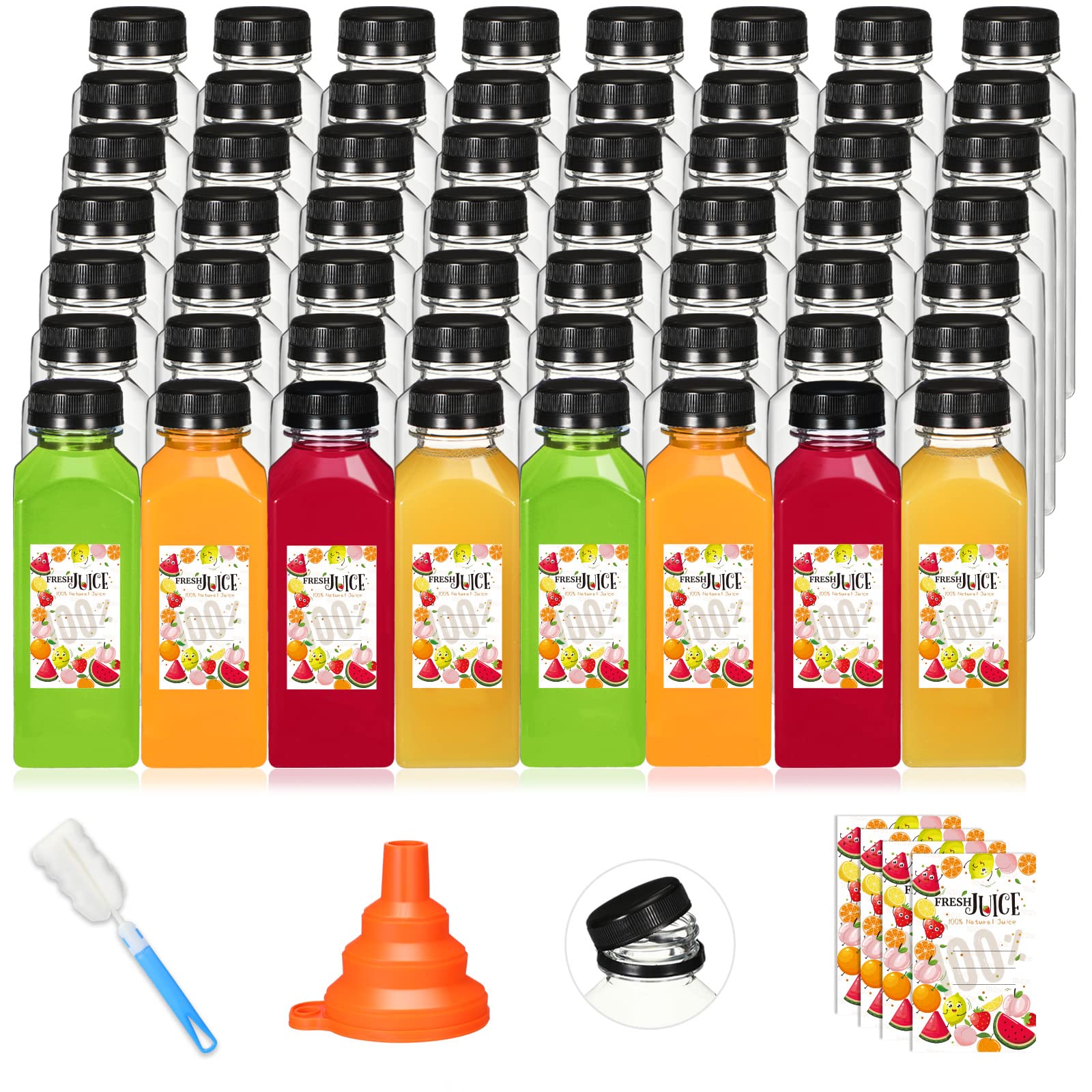 Hsei 200 Sets 12oz Plastic Juice Bottles with Caps Bulk Reusable Empty Clear Beverage Container With Lids, Labels, Funnel and Brush for Drinking Smoothie Drink Juicing Tea Milk Water