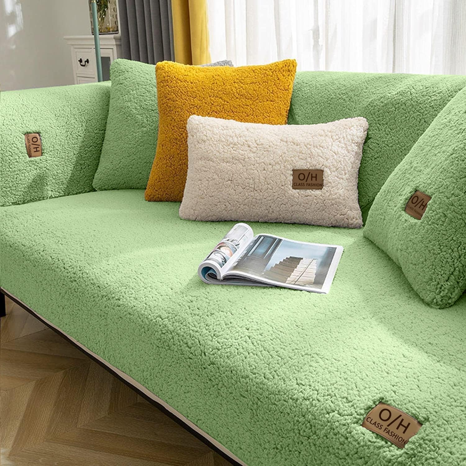 Lingky Grass Green Soft Sherpa Fleece Sofa Covers, Sofa Cushion Covers, Non-Slip Sofa Cover 1 2 3 Seater Couch Covers For Sectional Sofa, Sofa Slipcovers L Shape Furniture Protector (,90X90cm)