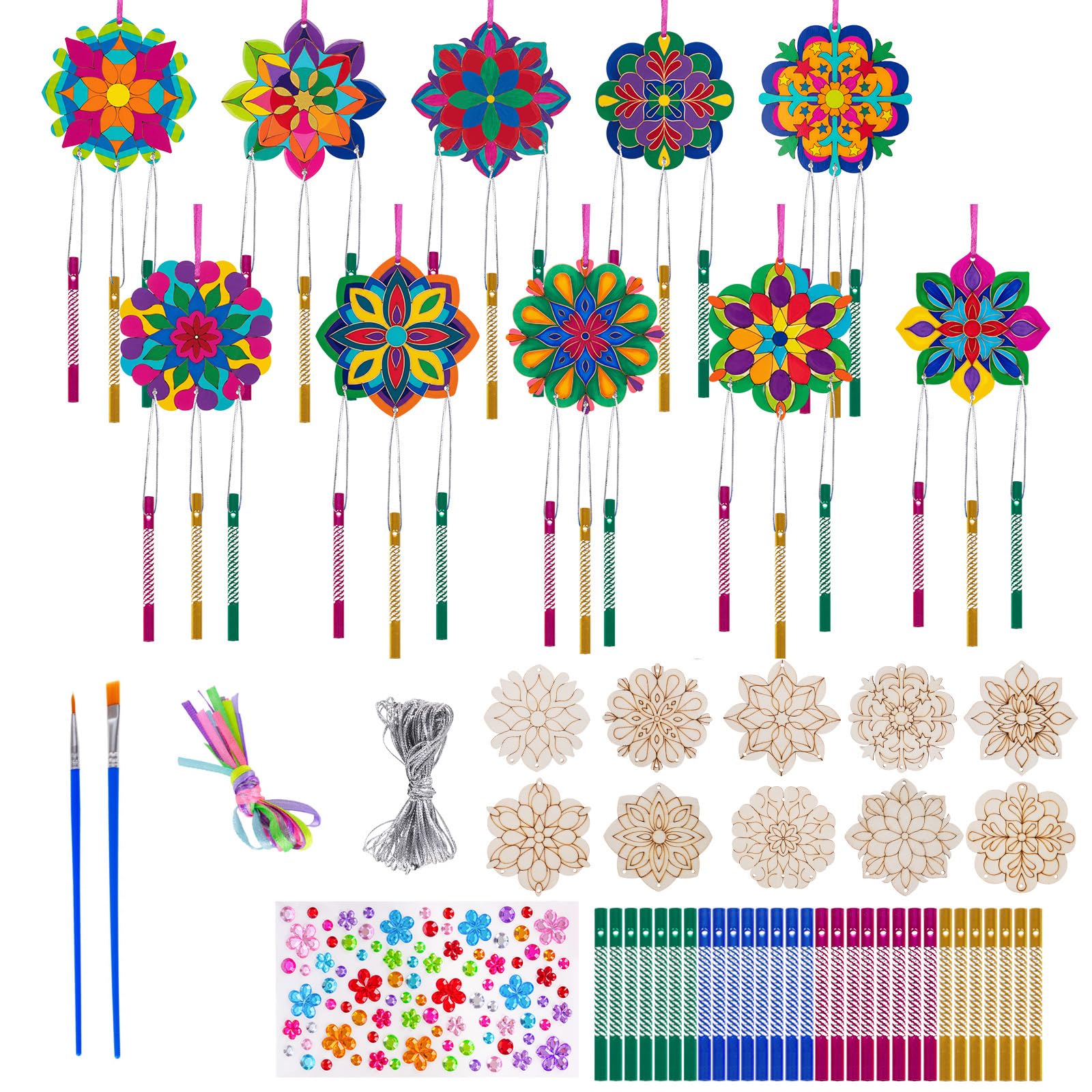 Juego de 10 carillones de viento para niños, manualidades, madera, carillones de viento para niños, mandala, juegos de manualidades de madera, decoración de jardín, creativos, para invitados, fiestas