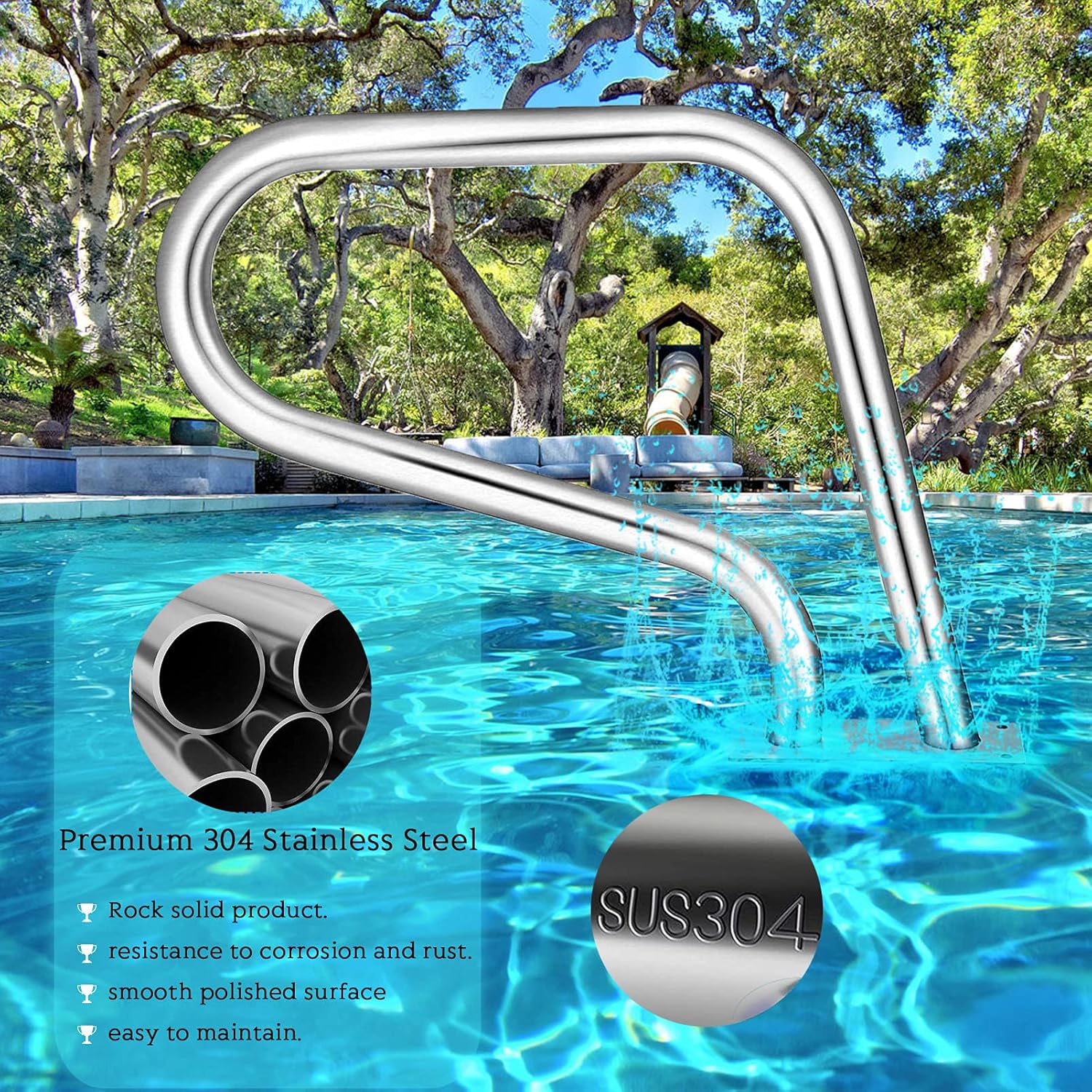Stainless Steel Pool Handrail - Easy Install 22.5" Height, 330lbs Capacity, Non-Slip Grip Cover, Ideal for Sloped Entries & Spa Access - Durable Swimming Pool Safety Solution