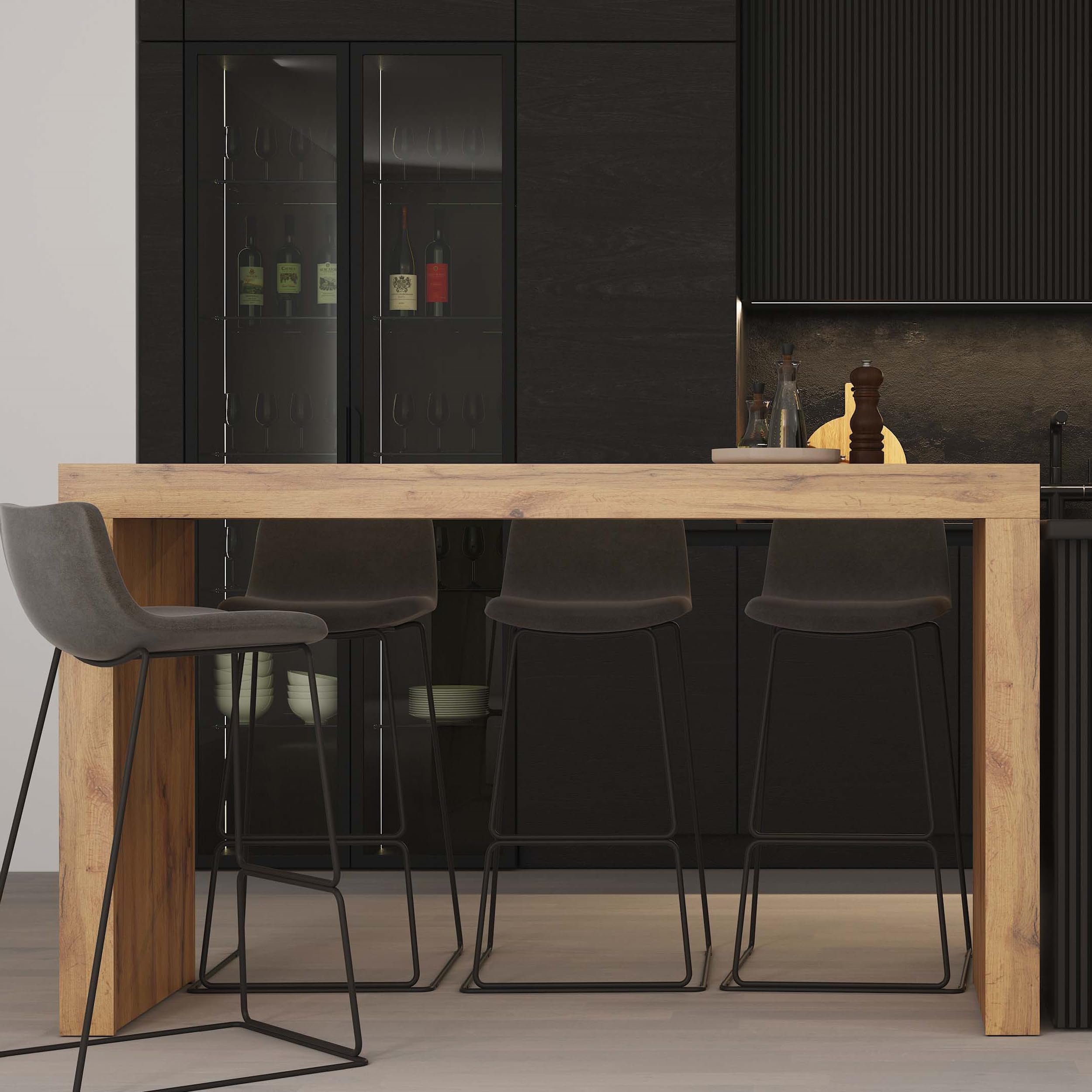 Mobili Fiver, Tavolo Alto Evolution 180x60, Nero Frassino, Tavolo Penisola Cucina per 6 persone, Made in Italy