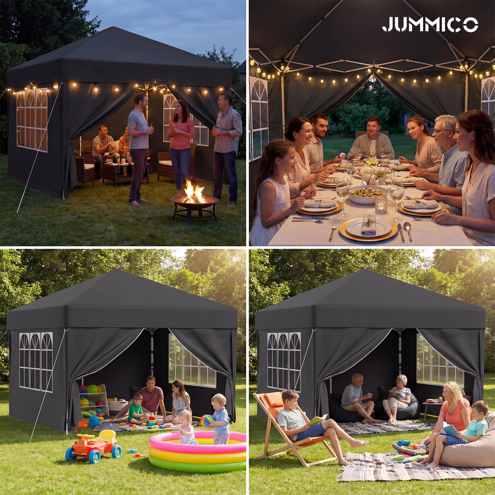 JUMMICO Tonnelle Pavillon Pliable 3x3m à Montage Rapide｜Assemblage en 5 Minutes｜Hauteur Réglable & 10cm Plus Haut｜Stable au Vent & Imperméable｜pour Jardin, Camping & Fêtes Gris