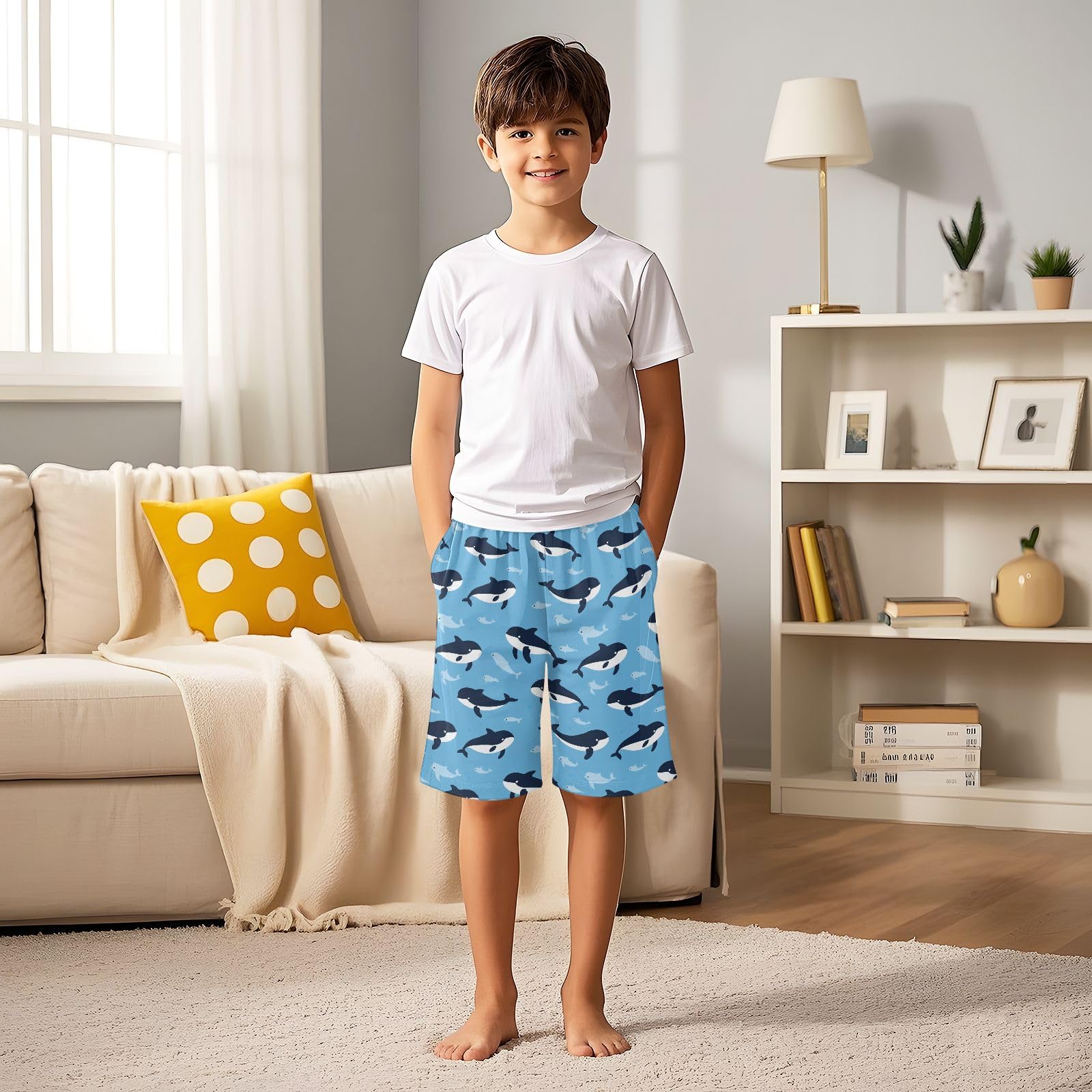 Short de pyjama style orque de dessin animé, pantalon de pyjama d'été à taille élastique pour 6 à 14 ans