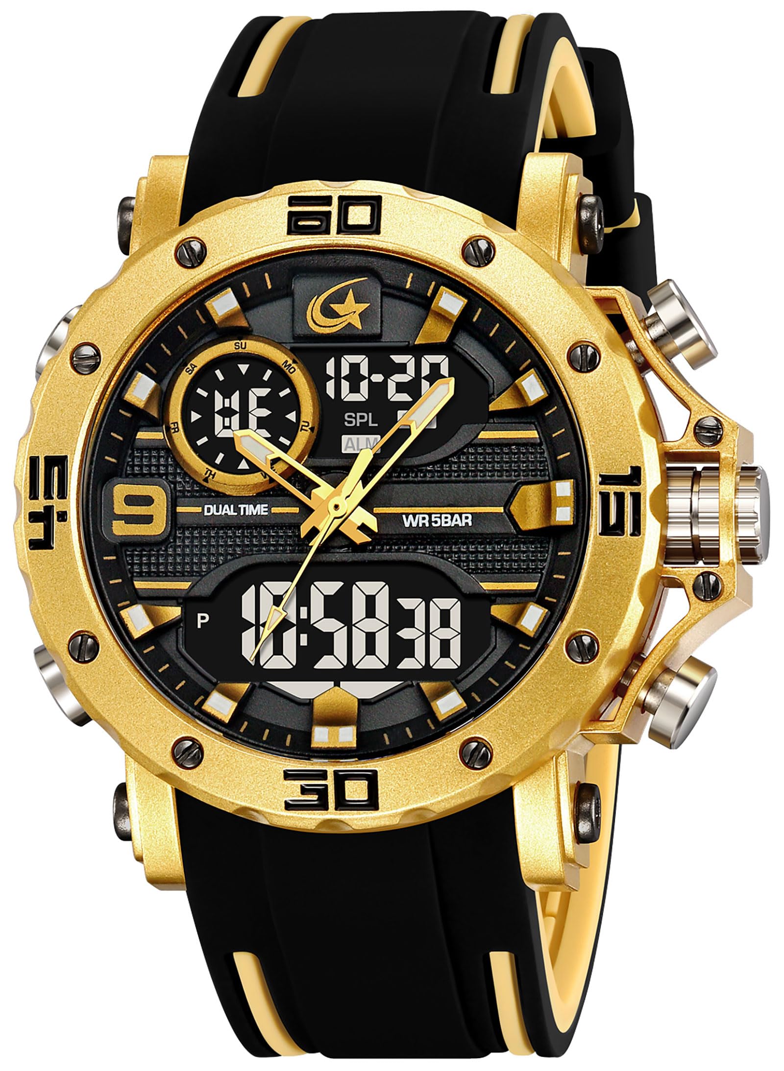 findtime Reloj de hombre militar digital analógico deportivo para exteriores, doble hora, resistente al agua, iluminación LED, esfera grande, reloj con alarma, fecha, 12/24 h, cronómetro, cronómetro
