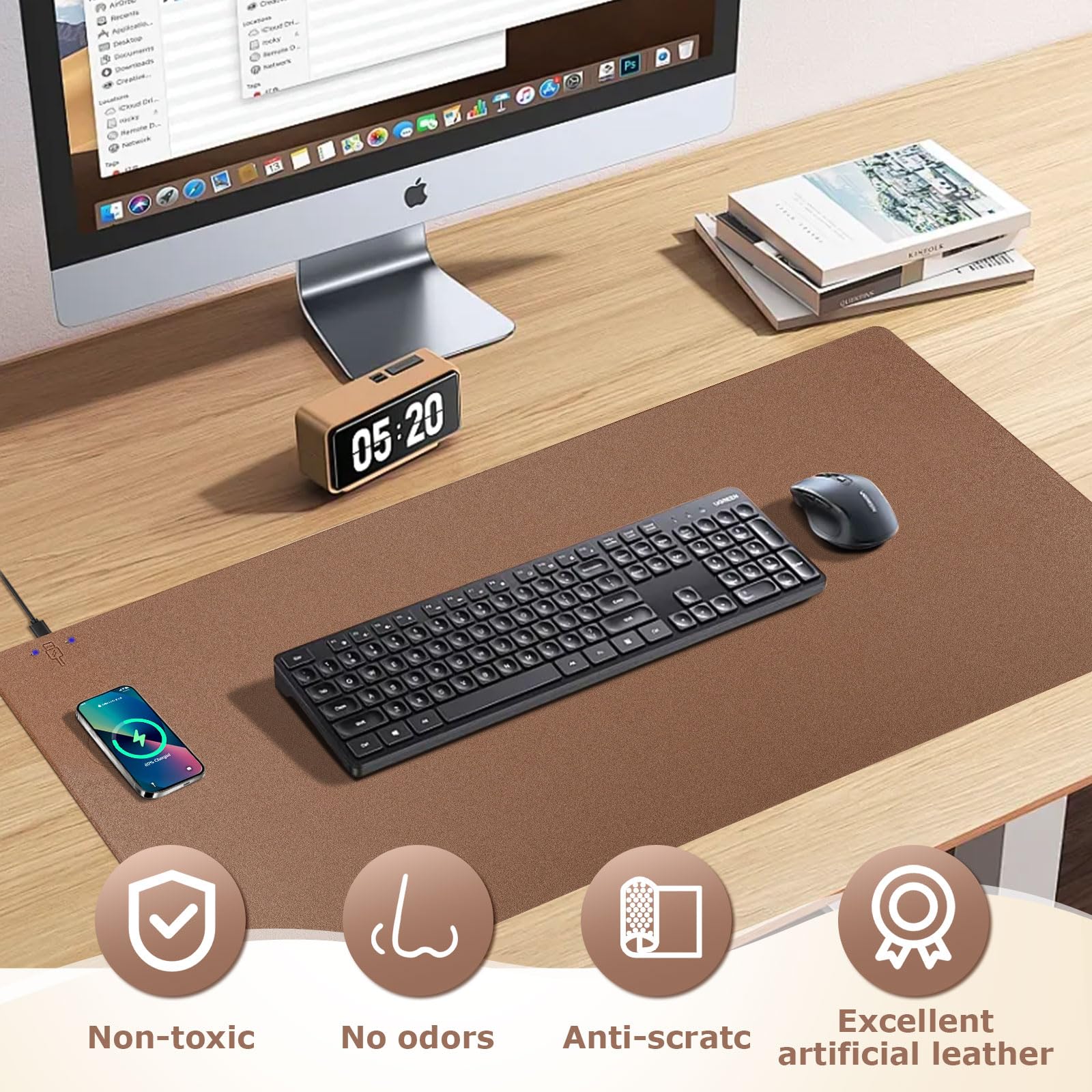 Tappetino per mouse con ricarica wireless 2 in 1, multifunzione, in pelle, con base in gomma antiscivolo, tappetino da scrivania impermeabile per computer, ufficio, lavoro, casa, decorazione