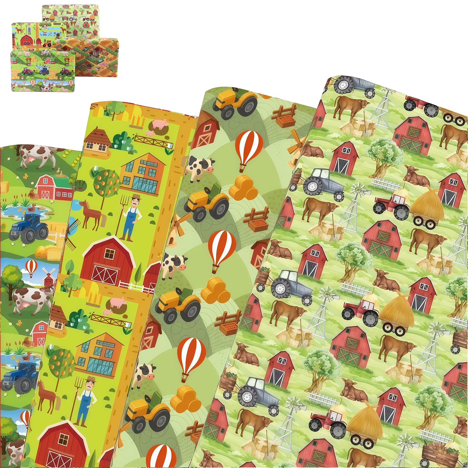 12 Sheets Farm Wrapping Paper, 50 x 70 cm Coated Gift Wrap with 4 Farmyard Designs, Tractor Horse and Cow Birthday Present Wrapping Paper for Kids