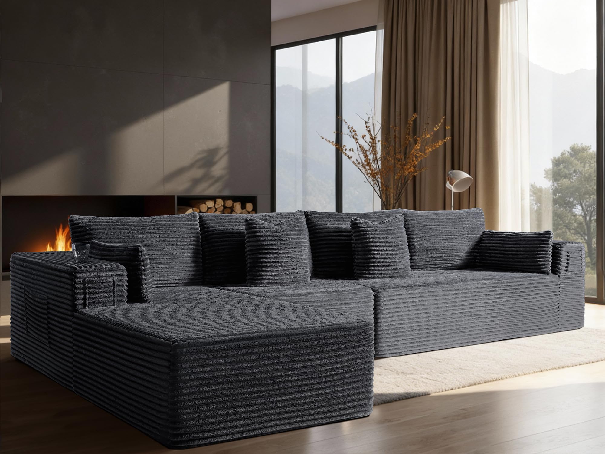 138" Oversized Cloud Sectional Couch, Comfort L Shaped Boneless Couch for Living Room, Extra Deep Seats No Assembly, Minimalist Modular Sofa, Corduroy (Dark Grey, 3 Seater+Left Facing Chaise)
