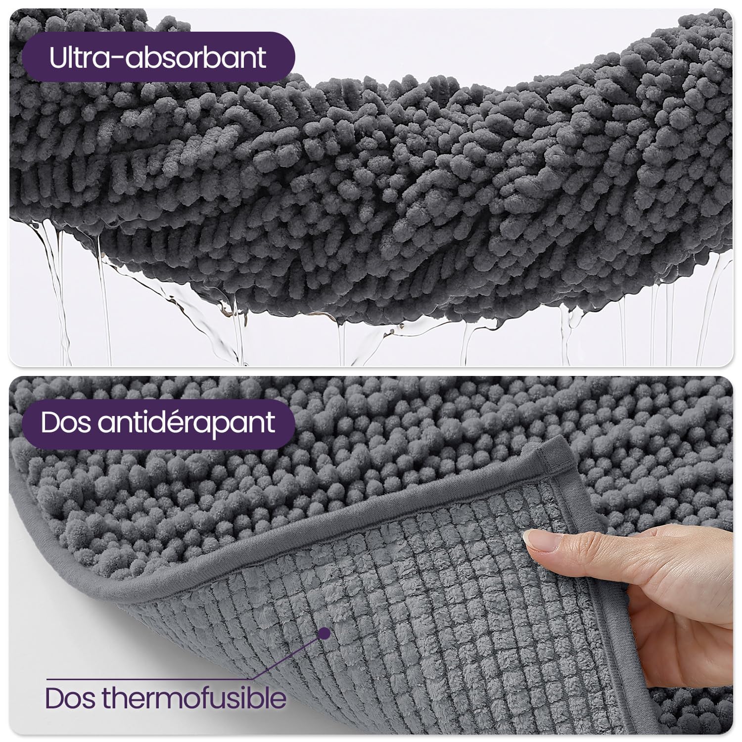 DEXI Tapis de Bain en Chenille 60 x 90 cm, Épais et Absorbant, Gris