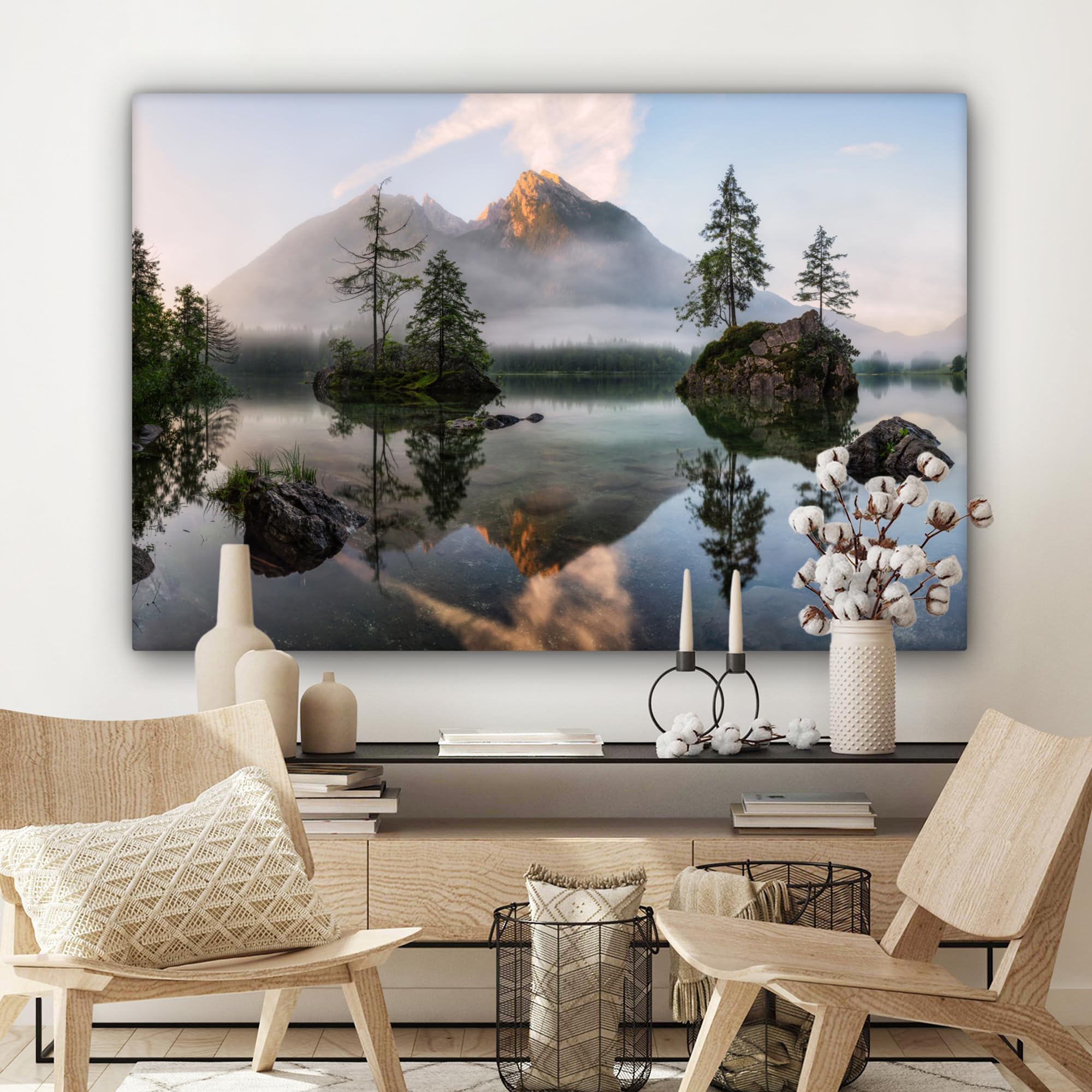 MuchoWow© Bilder Groß Groß 140x90 cm XXL Wohnzimmer Deko Modern Wandbild XXL Kunstdruck auf Leinwand Bild Schlafzimmer über Bett Room Decor Geschenke Wasser - Landschaft - Berge - Bäume