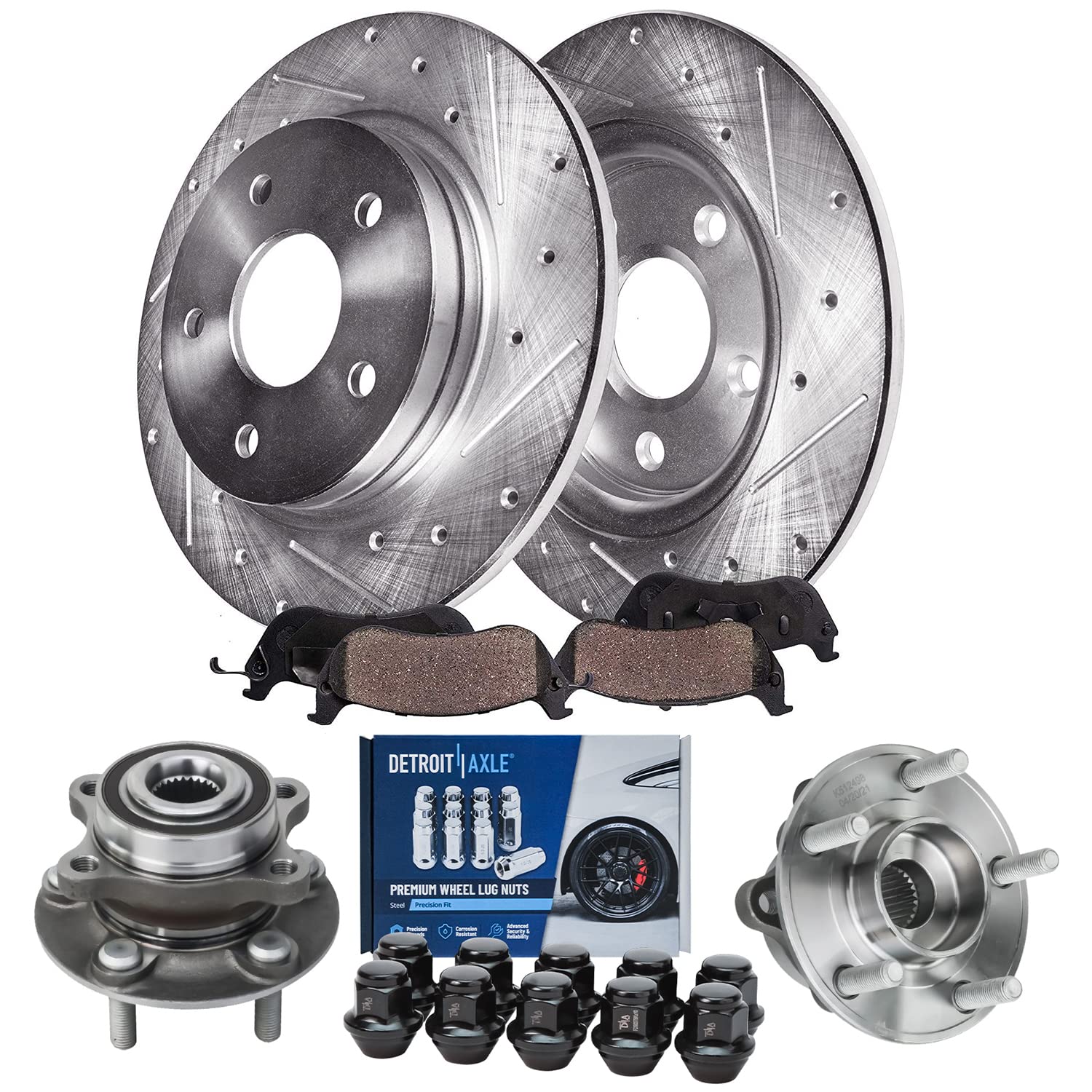 Detroit Axle - Rear Drilled &amp; Slotted Rotors Brake Pads Wheel Hubs w/ 10pc