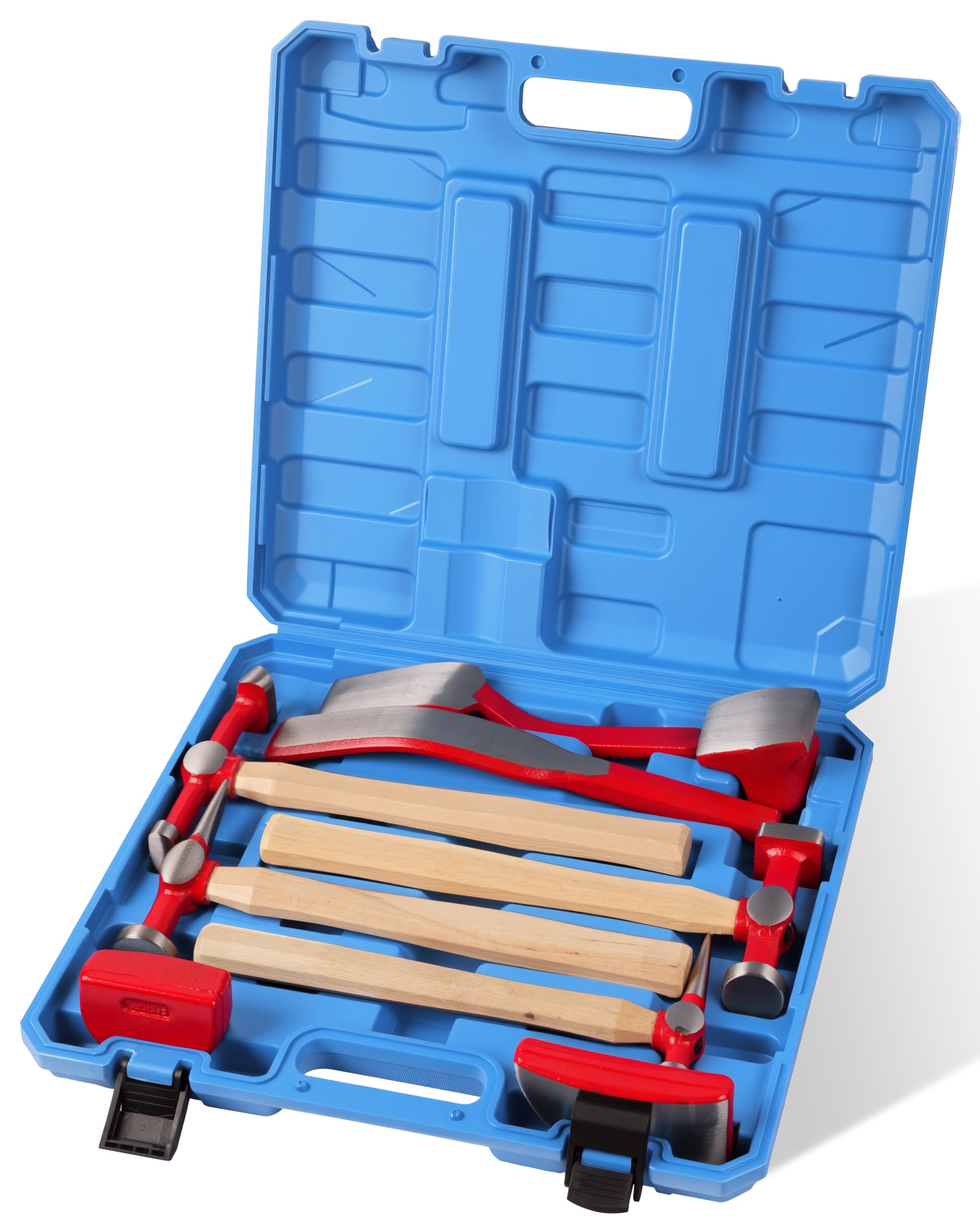DAYUAN Set di attrezzi per riparazione auto, 9 pezzi, kit di riparazione per parafanghi | 4 martelli e 5 carrelli, forgiati per la resistenza, per riparare parafanghi, paraurti e ammaccature, custodia blu