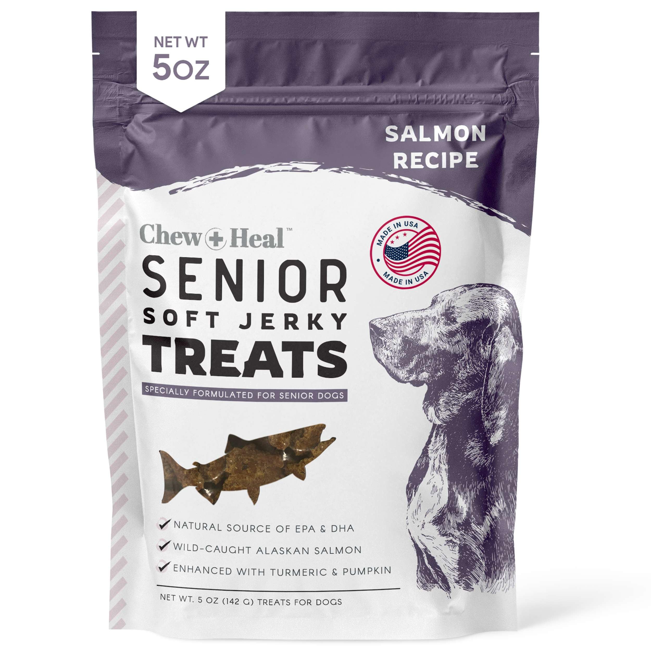 Seniors Soft Jerky Salmon Dog Treats - 5 oz of Omega Dog Joint Supplement, Wild Caught Salmon and Turmeric Jerky - Made in The USA