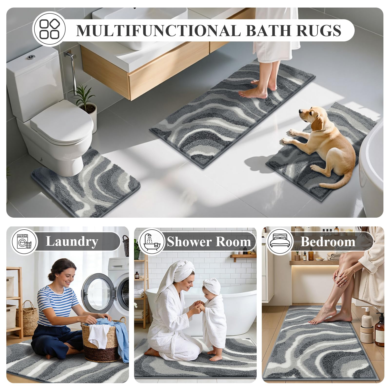 Enyhom Juego de 3 Alfombrillas de Baño Antideslizante, Alfombra Baño de Microfibra Super Absorbente Lujosos, Tapete Casa de Banho Suave y Cómoda, Lavables a Máquina, Alfombras para Baño, Aseo, Gris