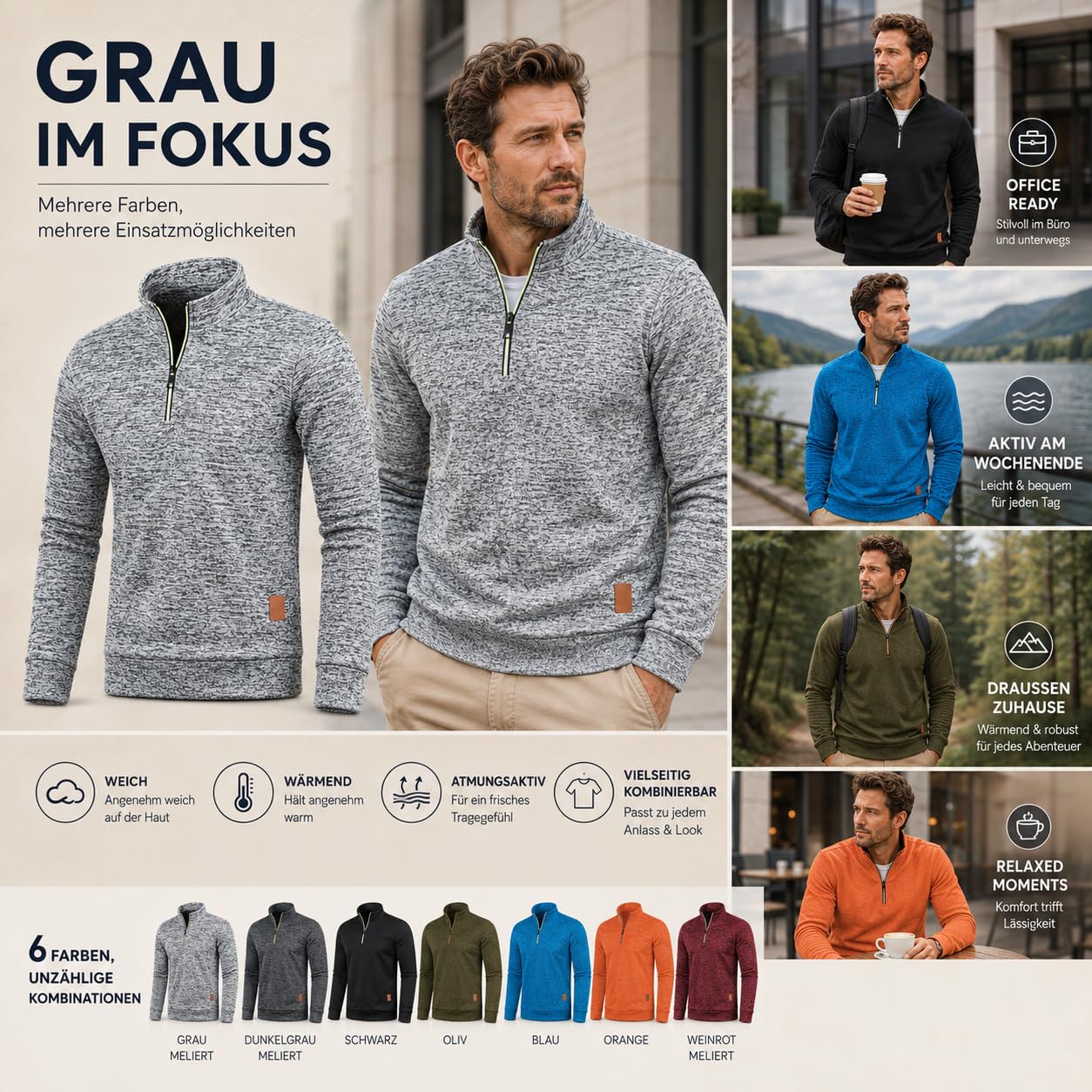 Pullover Herren Half Zip Ohne Strickpullover Kapuze Männer für Solid Arbeitspullover Oversize Winter Sport Turtleneck Sweater Men Alphanumerisch Langarmshirt Winterpullover