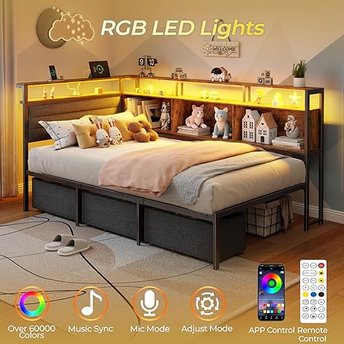 Miniatura 7 de Marco de cama esquinero con estantería de almacenamiento y luces LED, marcos de cama de tamaño individual con cabecera tapizada y estación de carga,