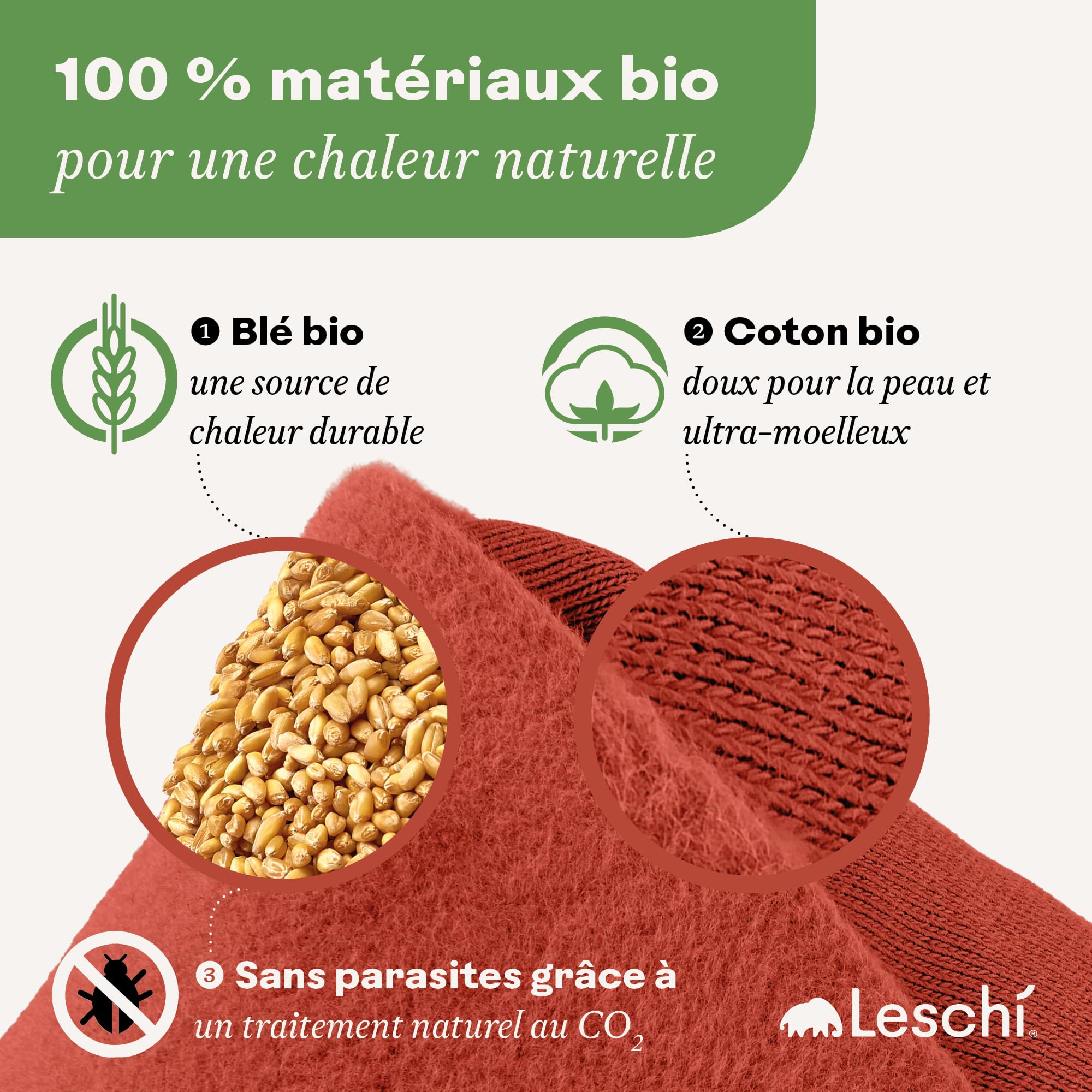 LESCHI Coussin chauffant micro ondes en coton 100% bio, Renard rouge, Bouillotte graines de blé 100% bio, Bouillotte micro-ondes idéale pour réchauffer cervicale, épaules, cou, nuque