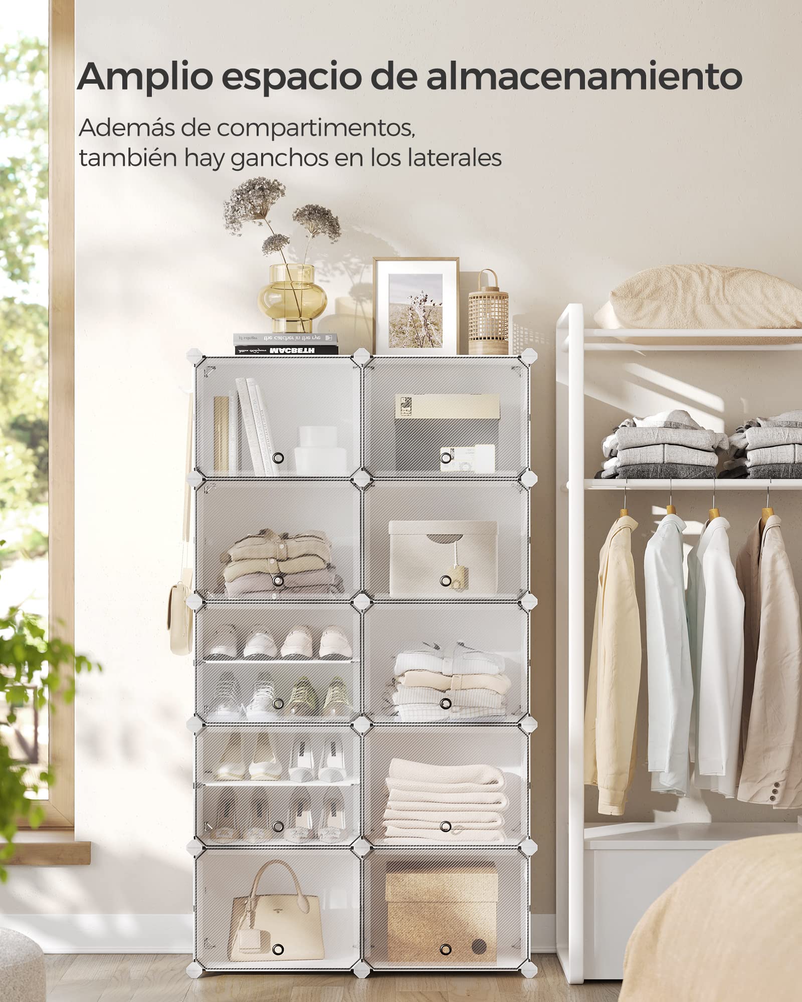 SONGMICS Mueble Zapatero Plástico, 10 Compartimentos para 40 Pares de Zapatos, con Puertas, Estructura de Acero y Estantes de Plástico, Armario para Dormitorio, Blanco Nube y Transparente LPC035W01