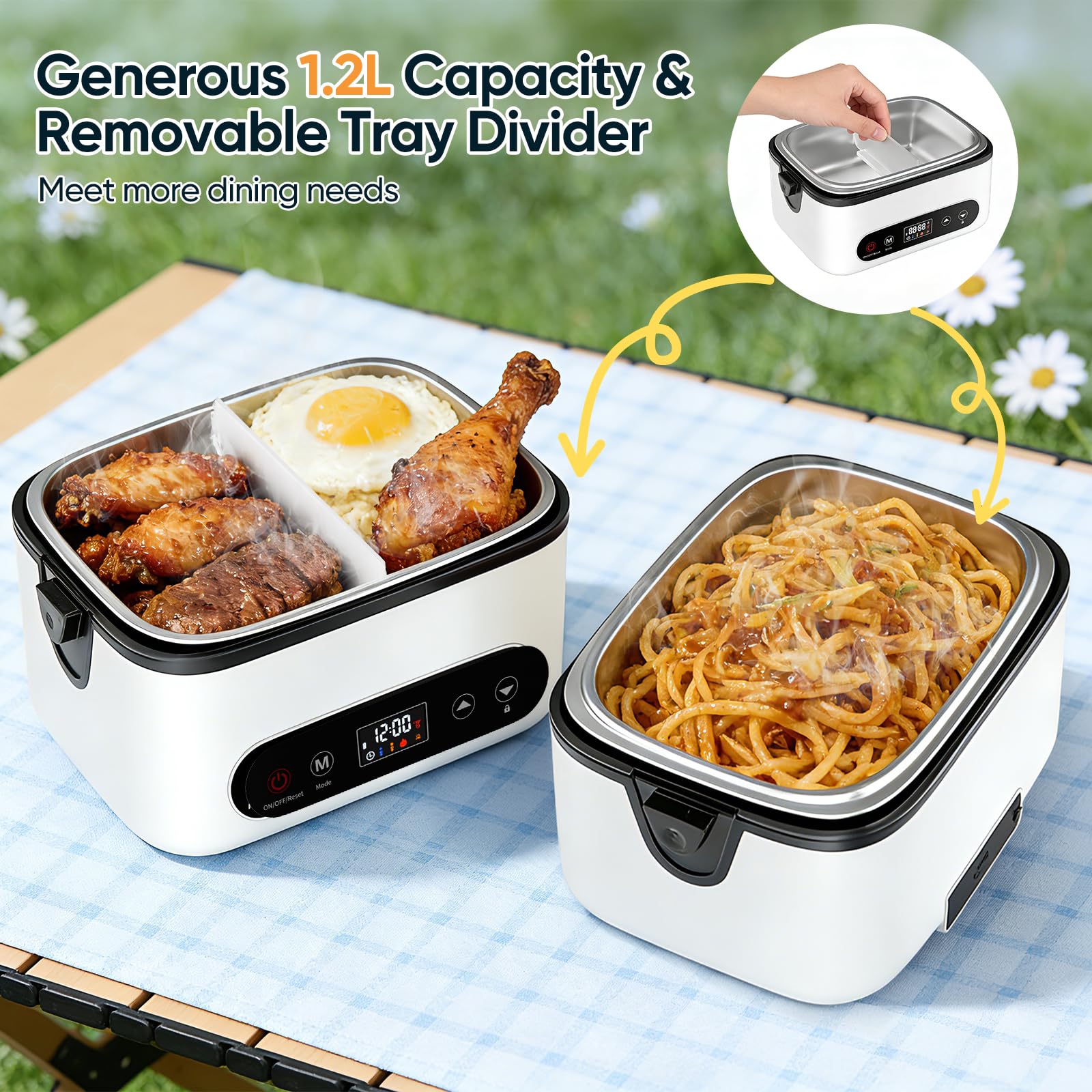 Fiambrera Eléctrica,Fiambrera Recargable Taper Electrico Para Comida, Calentador de Alimentos portátil de 1L con Calentamiento Automático para Oficina, Picnic, cubiertos y bolsa isotérmica