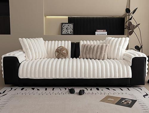 Miniatura 2 de Funda de sofá de piel sintética de conejo, lavable, funda para sofá seccional lanudo y mullido, a rayas, antideslizante, de felpa suave, protector