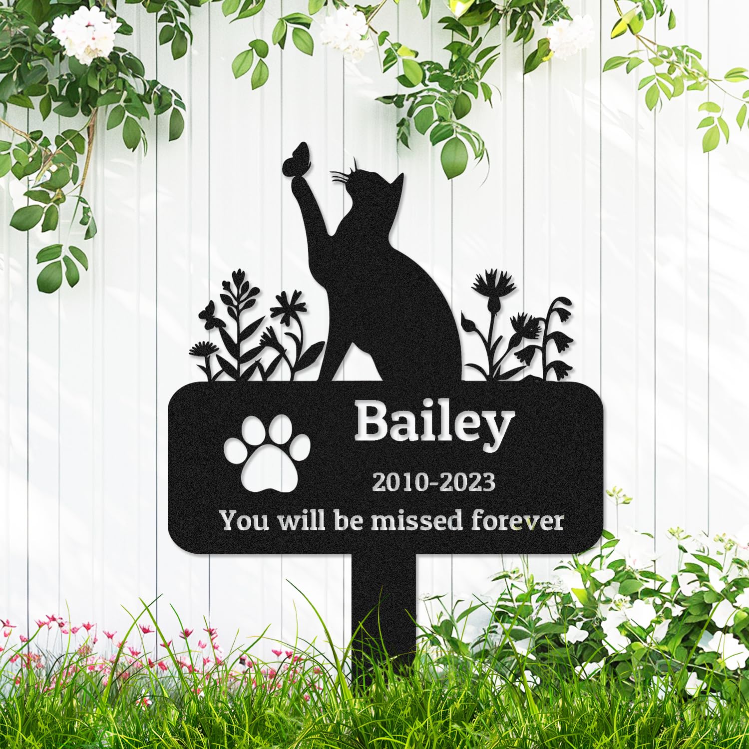 AdtHYUxq Personalized Cat Memorial Stake Pet Grave Marker, Custom Flower Cat Memorial Grave Marker Pet Grave Decor Metal Sign Tombstone Remembrance Marker for Cat, Customized Paw Pet Memorial Plaque