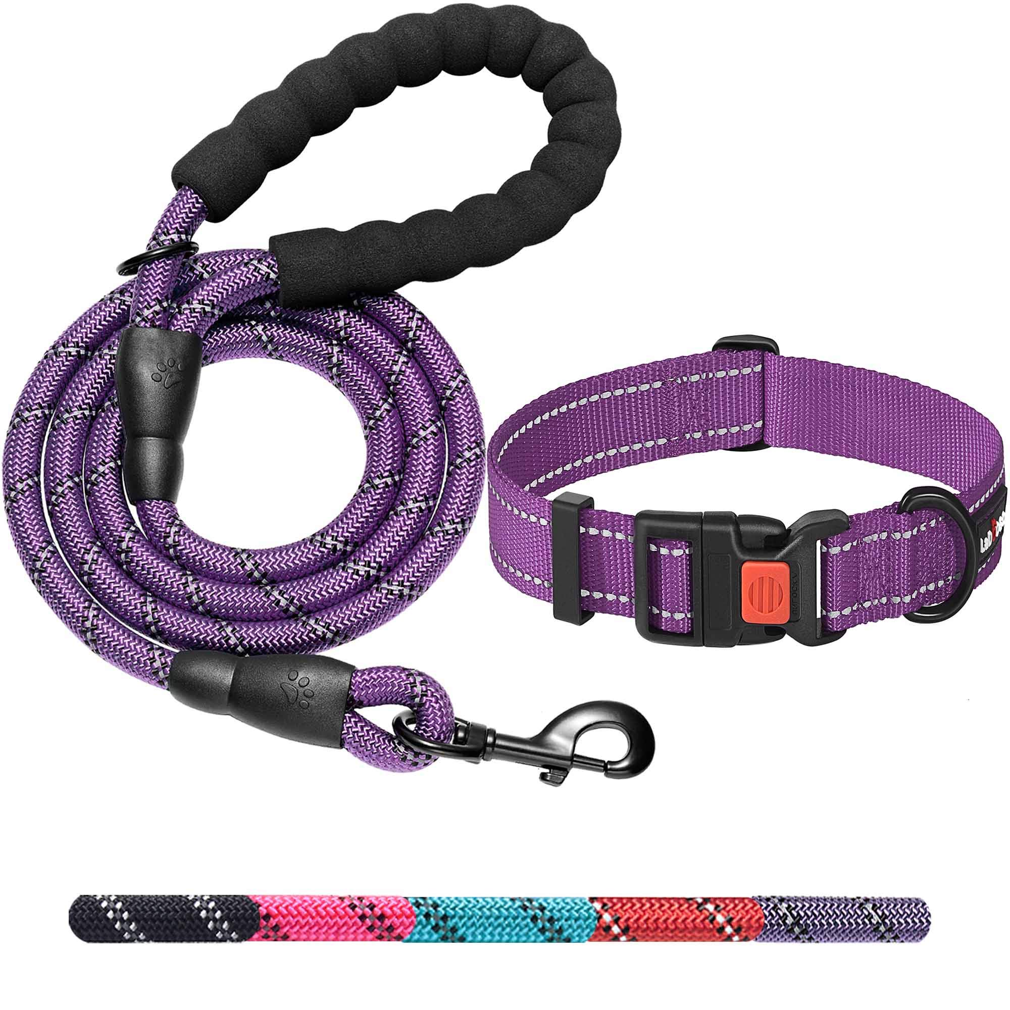 Ladoogo Heavy Duty Dog Leash - Comfortable Padded Handle, 5 ft Long - Dog Leashes for Small Medium Large Dogs (Leash+Collar M Neck 16"-20", Purple)