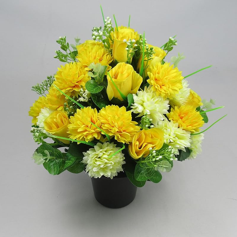Artificial Grave Flower Arrangement in grave pot with Yellow Roses and Mini Chrysanthemums
