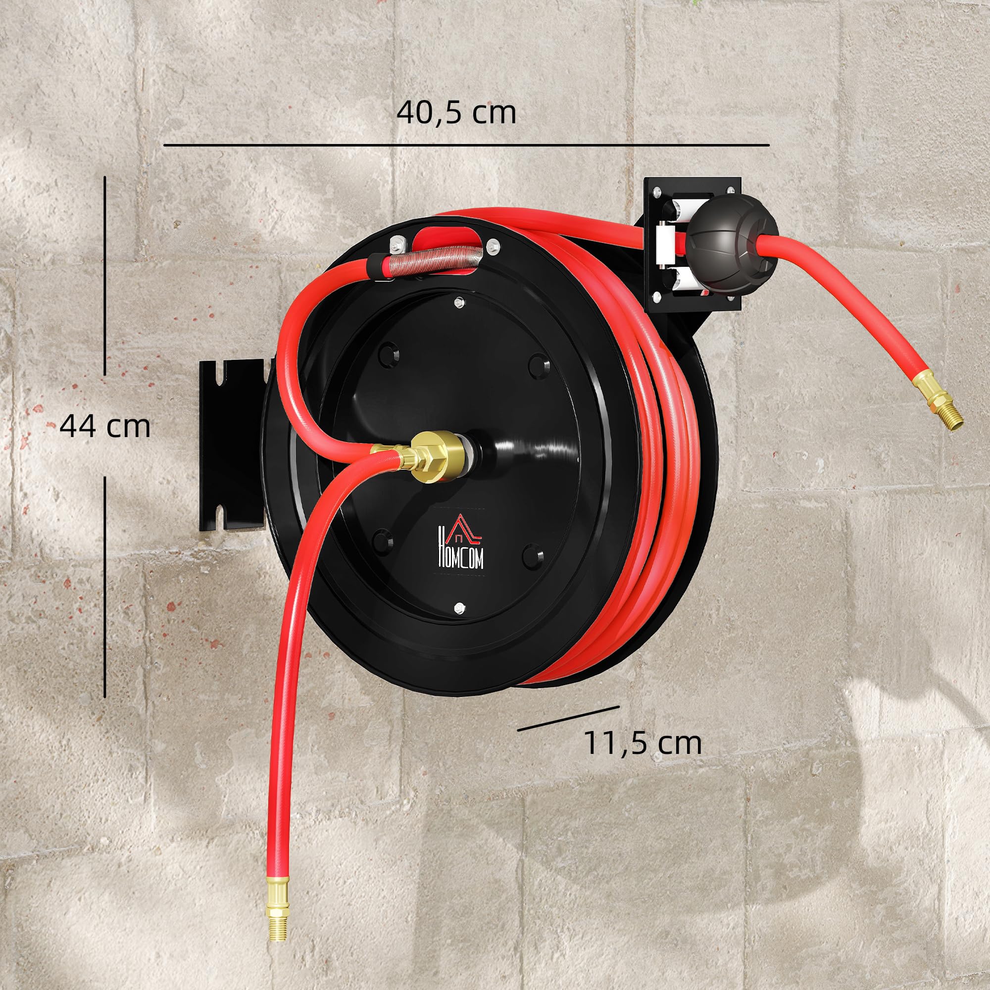 HOMCOM Carrete manguera aire automático 15m+1m | Conexión 1/4", 9,5x15,8mm, máx 20 bar, freno manguera, carrete con soporte pared.