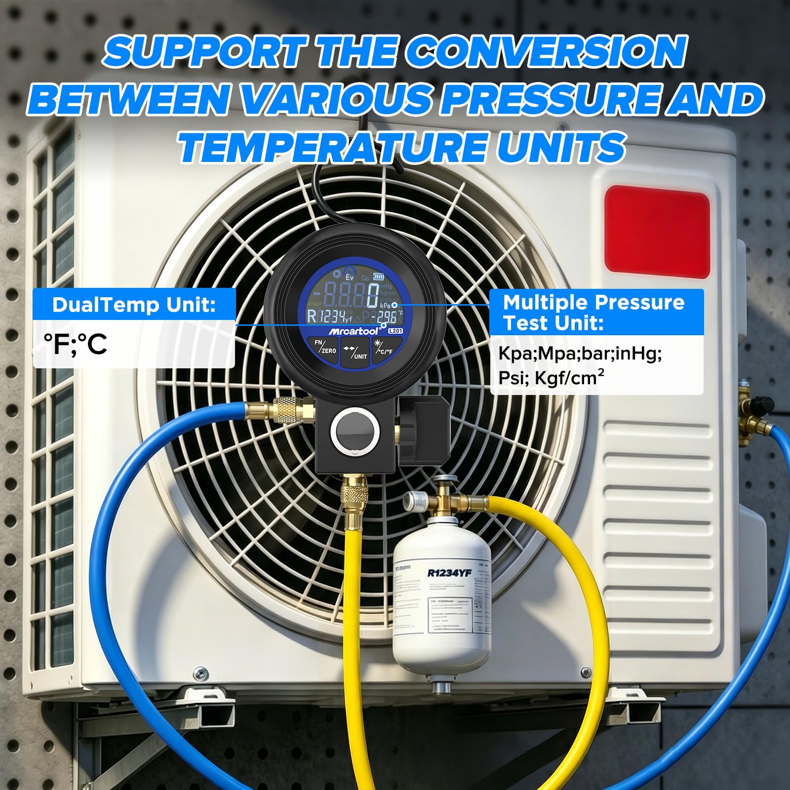 L201 Digitales Kältemittelmessgerät Klimaanlage Manifold Messgerät mit Vakuumpumpe Funktion Für R32 R134a Kältemittelleitung Monteurhilfe für Kältetechnik