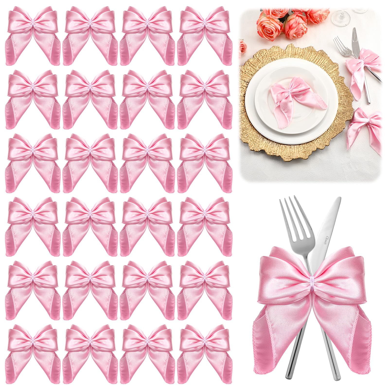 Hahafelt 25 Pcs Pink Bow Decors for Girls Women Bow Satin Napkins Party Decors 5 x 5 Inch Coquette Silky Table Napkin Bows Theme Party Supplies for