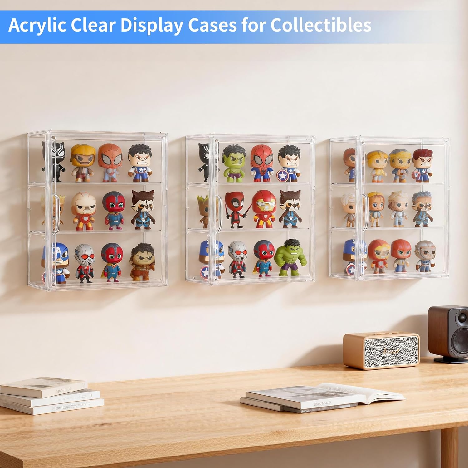 3 Tier Acrylic Display Case for Figures, Wall-Mounted Clear Storage Organizer Box with 2 Movale Plates & Magnetic Door, Display Cases for Collectibles Action Figure, 2 Pack