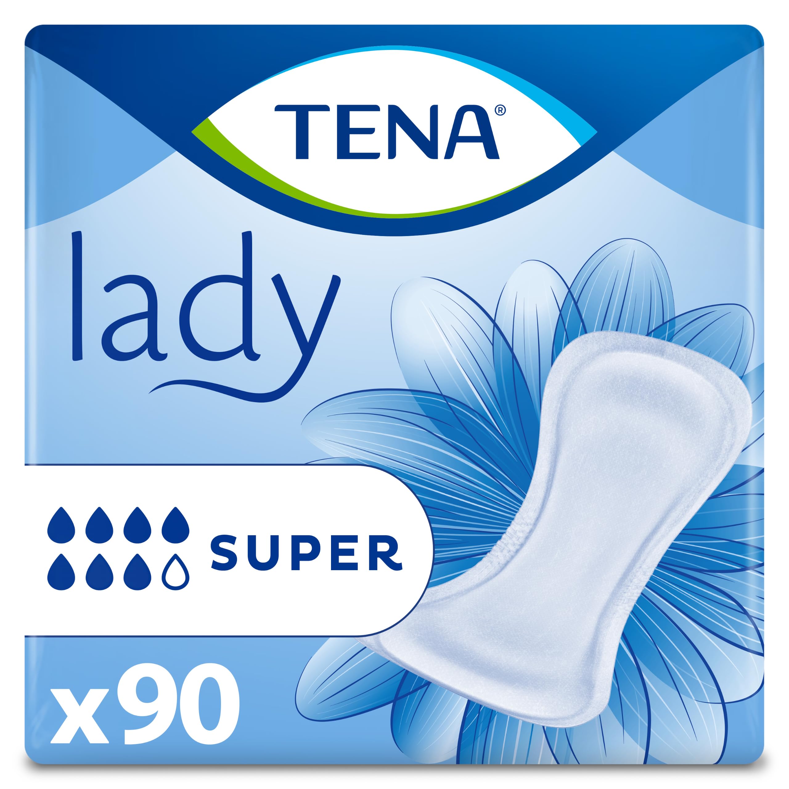 90 almohadillas para incontinencia Tena Lady Super para mujer, 6 paquetes de 15, con debilidad de vejiga media a pesada, almohadilla altamente absorbente para mujeres