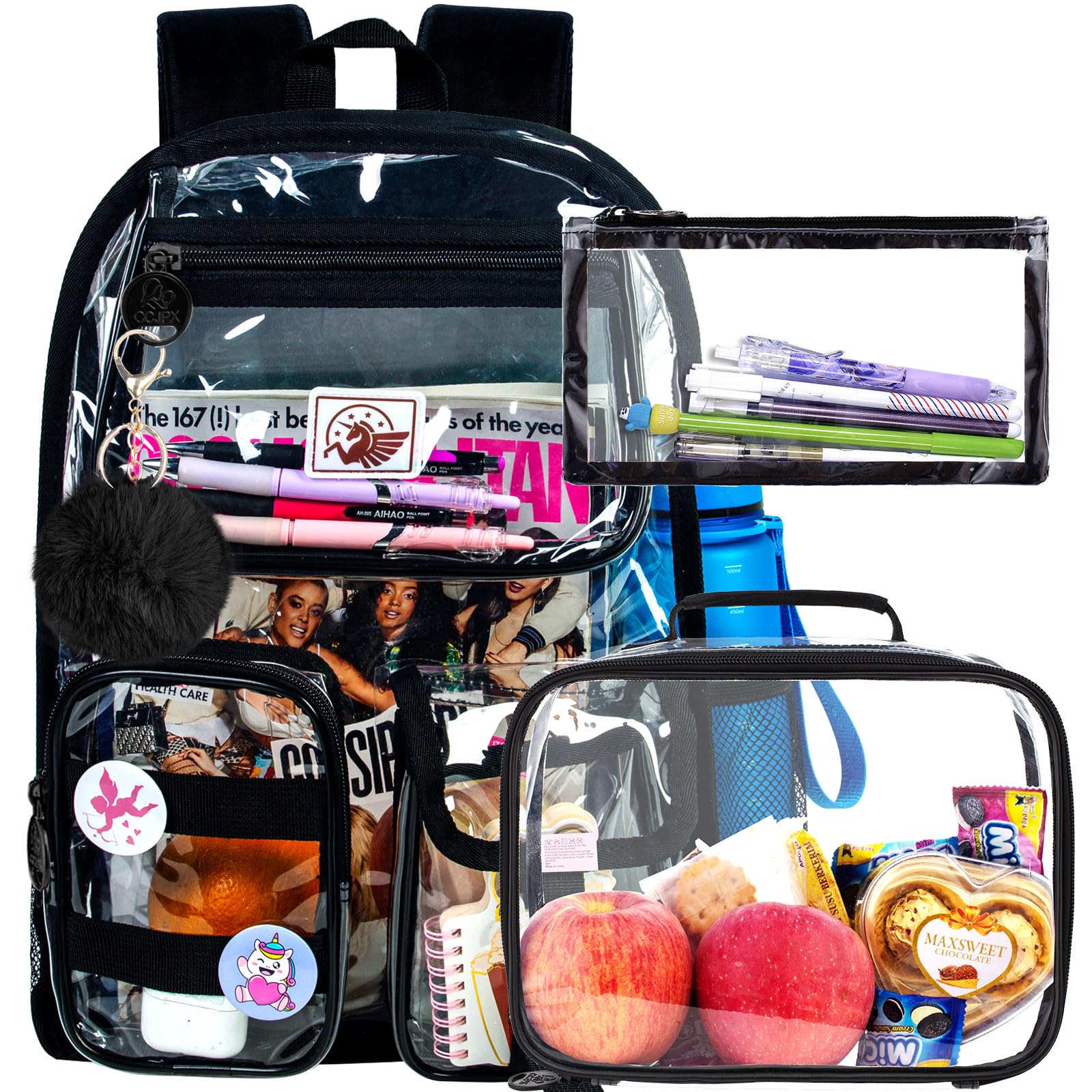 CCJPX 3Pcs Clear Backpack for Girls, School Transparent Bookbag, Heavy Duty See Through Backpacks for Teens Elementary