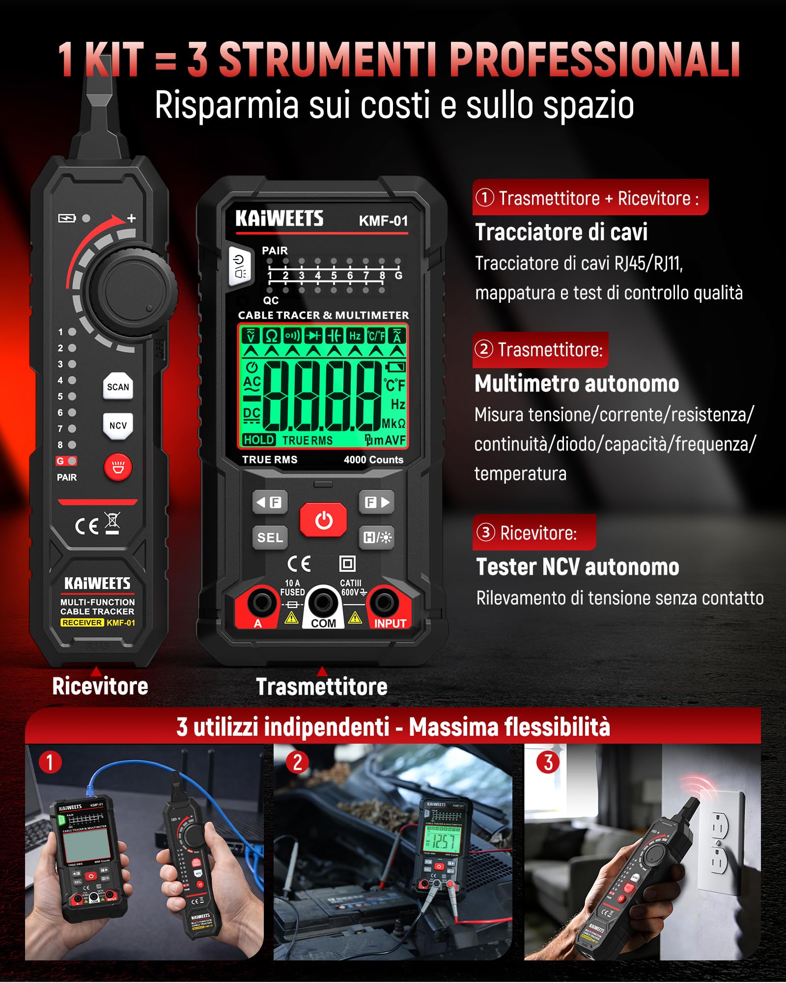 KAIWEETS Multimetro Digitale e Localizzatore di Cavi 3 in 1, Tester a Automatica Della Portata TRMS, Localizzatore di Cavi