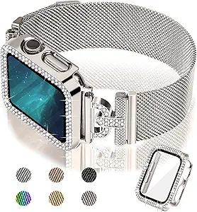 JOYOZY Magnetic Band Compatible with Apple Watch Band 38mm 40mm 41mm 42mm 44mm 45mm 46mm Milanese Strap with Bling Glitter Case Built-in Screen Protector Dressy Stainless Steel iWatch Loop for Women
