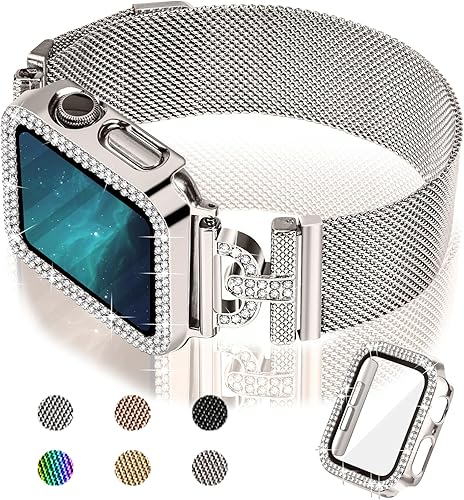 JOYOZY Magnetic Band Compatible with Apple Watch Band 38mm 40mm 41mm 42mm 44mm 45mm 46mm Milanese Strap with Bling Glitter Case Built-in Screen Protector Dressy Stainless Steel iWatch Loop for Women