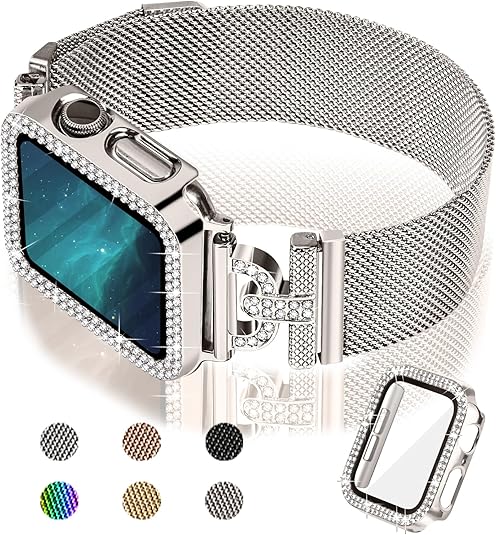 JOYOZY Magnetic Band Compatible with Apple Watch Band 38mm 40mm 41mm 42mm 44mm 45mm 46mm Milanese Strap with Bling Glitter Case Built-in Screen Protector Dressy Stainless Steel iWatch Loop for Women