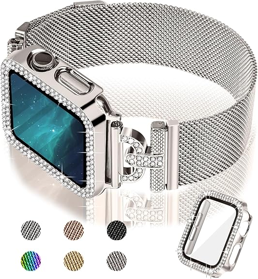 JOYOZY Magnetic Band Compatible with Apple Watch Band 38mm 40mm 41mm 42mm 44mm 45mm 46mm Milanese Strap with Bling Glitter Case Built-in Screen Protector Dressy Stainless Steel iWatch Loop for Women