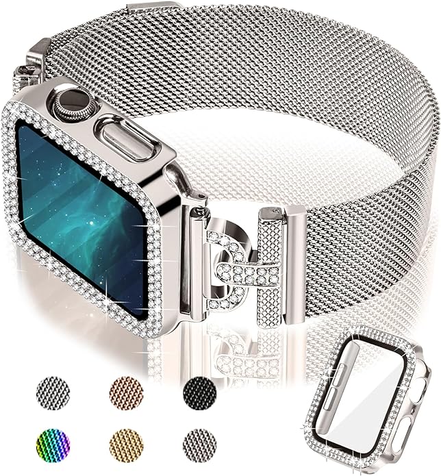 JOYOZY Magnetic Band Compatible with Apple Watch Band 38mm 40mm 41mm 42mm 44mm 45mm 46mm Milanese Strap with Bling Glitter Case Built-in Screen Protector Dressy Stainless Steel iWatch Loop for Women