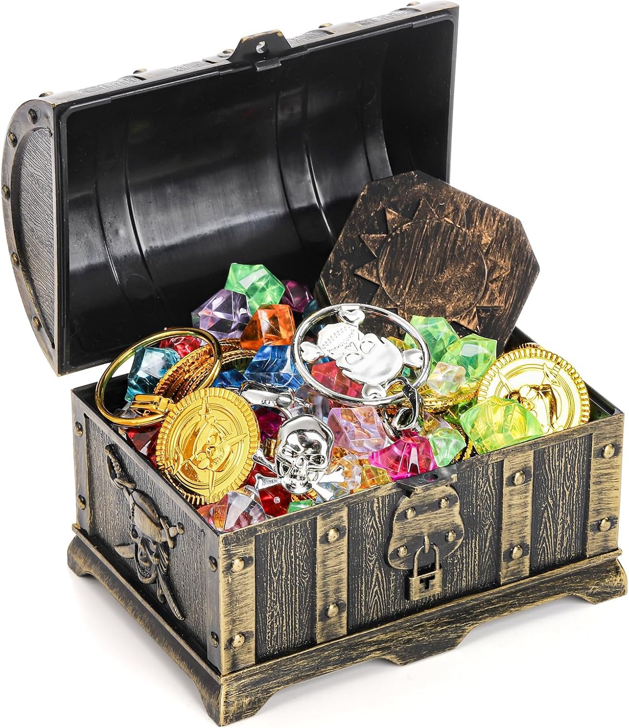 Lawei 207 Pieces Kids Pirate Treasure Chest Toy Box Antique Color with 100 Colorful Gems 100 Plastic Gold Coins 4 Earrings 2 Rings 1 Compass for Boy Girl Halloween Pirate Themed Party Favors - Image 4