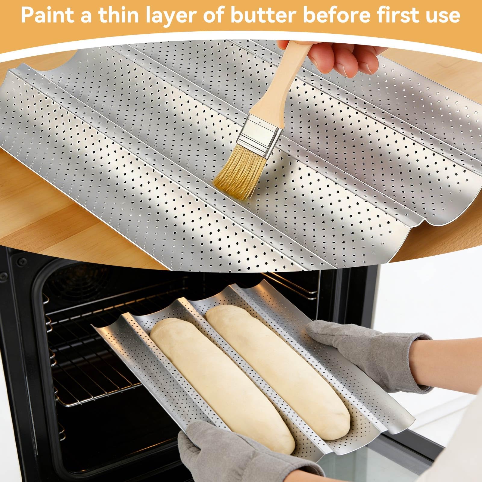 HERCHR Teglie forate per baguette, teglia in acciaio inossidabile per baguette francesi Pane Pane italiano Accessori da cucina(4-ROW)