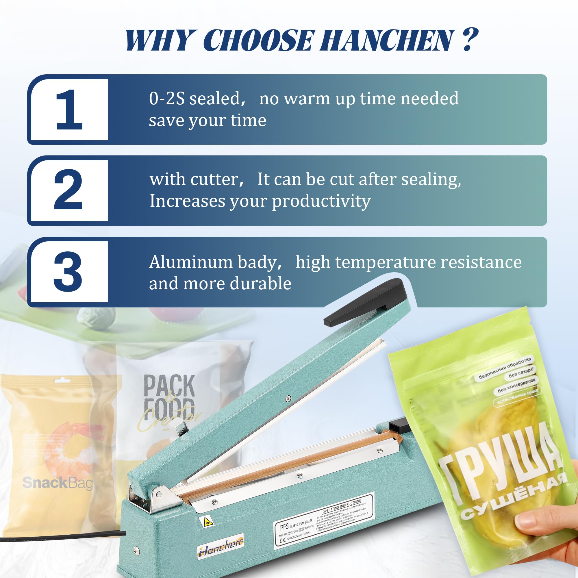 Hanchen Selladora de Bolsas de Plástico con Cortador 500mm Sellador Térmico de Impulso Industrial 800W para Papel de Aluminio/Papel Kraft/POF/PVC
