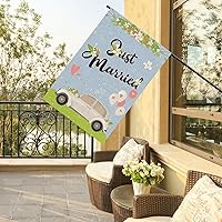 Vista 6 de Just Married - Bandera de jardín vertical de arpillera de doble cara, decoración de boda, compromiso, despedida de soltera, decoración de patio