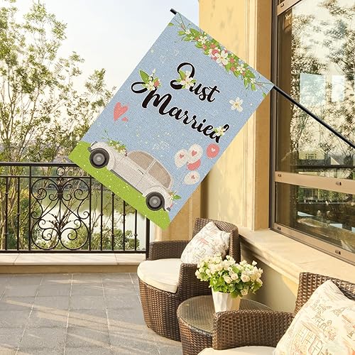 Miniatura 6 de Just Married - Bandera de jardín vertical de arpillera de doble cara, decoración de boda, compromiso, despedida de soltera, decoración de patio,