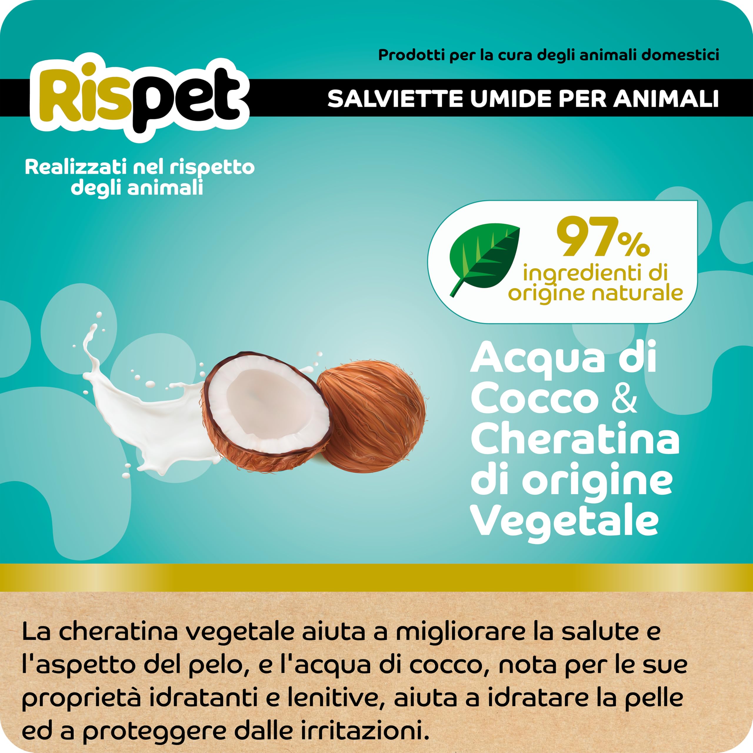 Salviette Igienizzanti e Purificanti XL, Cocco e Cheratina, per Il Manto di Cani, Gatti e Animali Domestici, 54 Salviettine